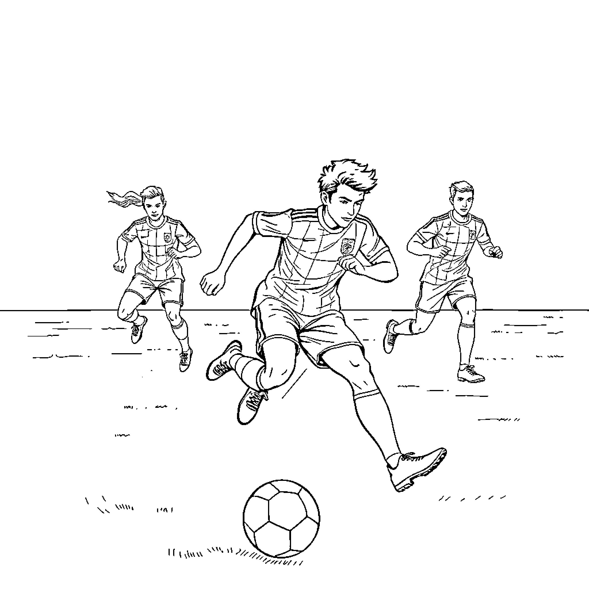 Soccer players in action on the field Coloring Page (free black-and-white line drawing printable PDF for all, from beginners to advanced learners, including children, teens, adults, and seniors)