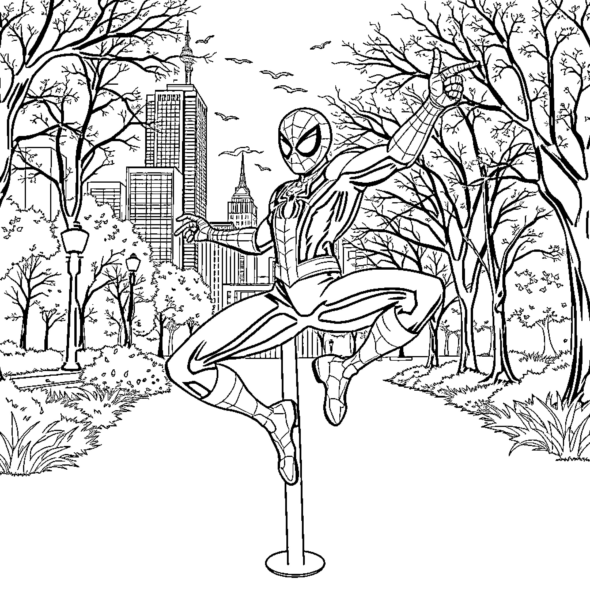 Spiderman swinging through the city skyline Coloring Page (free black-and-white line drawing printable PDF for all, from beginners to advanced learners, including children, teens, adults, and seniors)