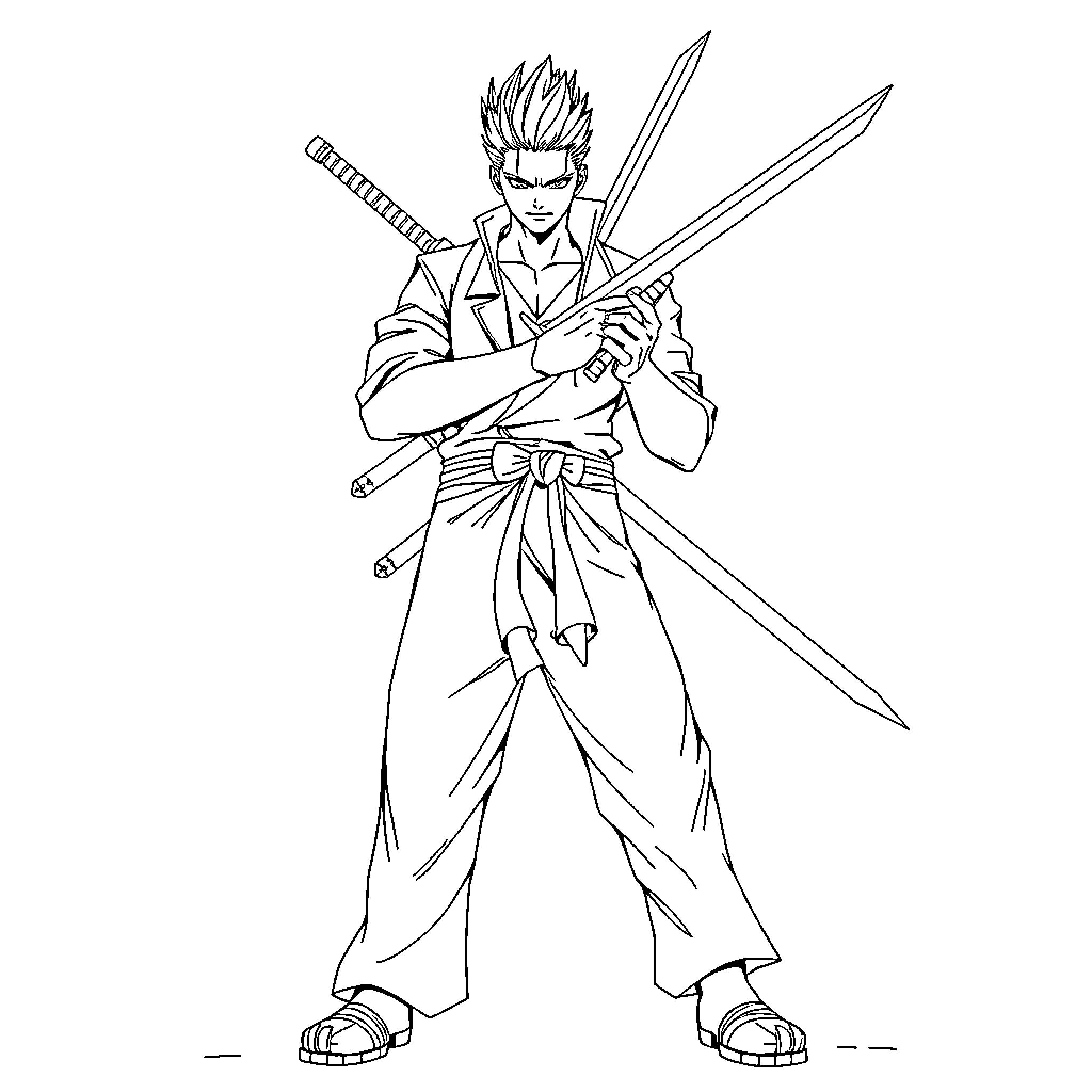 Roronoa Zoro wielding swords in battle stance Coloring Page (free black-and-white line drawing printable PDF for all, from beginners to advanced learners, including children, teens, adults, and seniors)