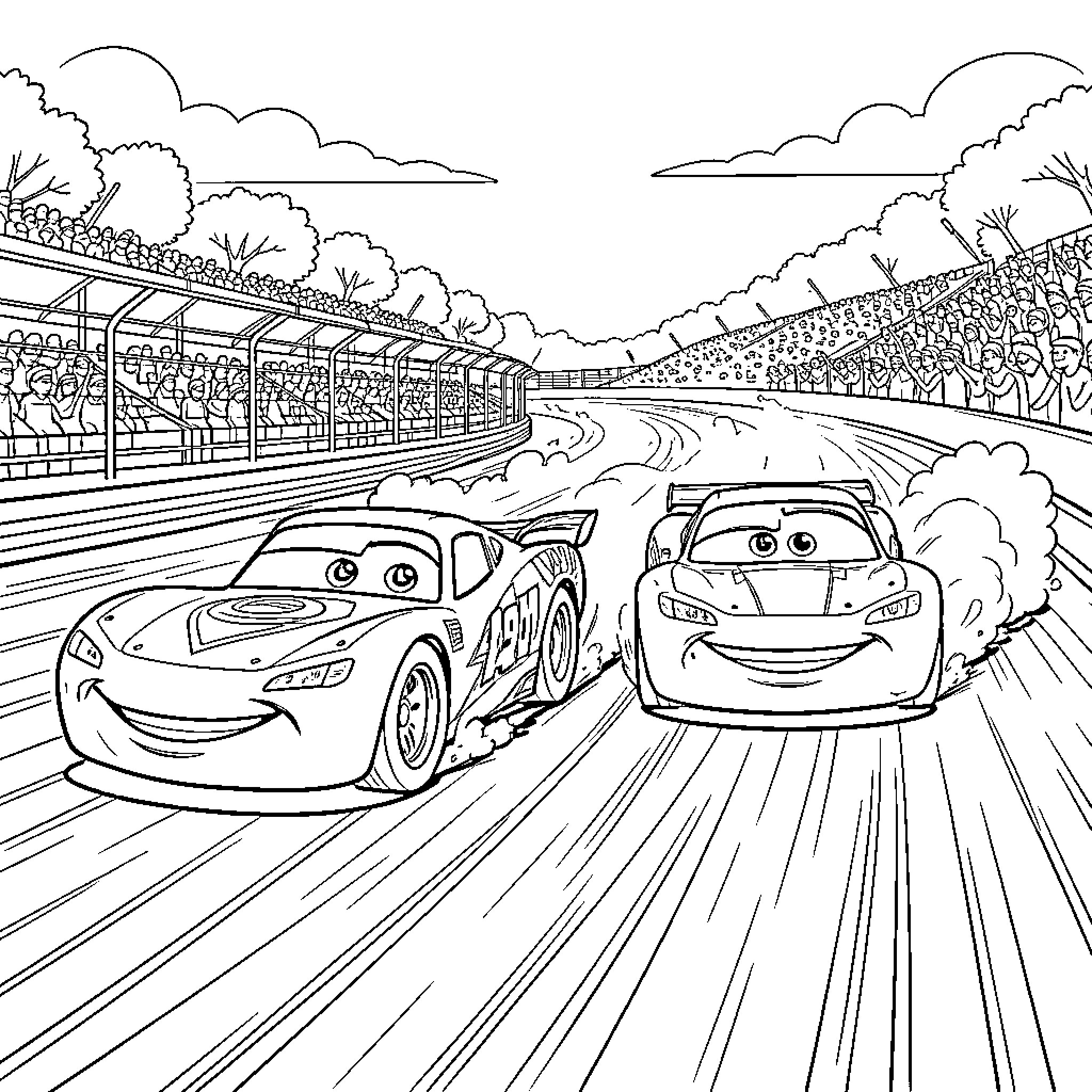 Flash McQueen racing competitively on a track Coloring Page (free black-and-white line drawing printable PDF for all, from beginners to advanced learners, including children, teens, adults, and seniors)