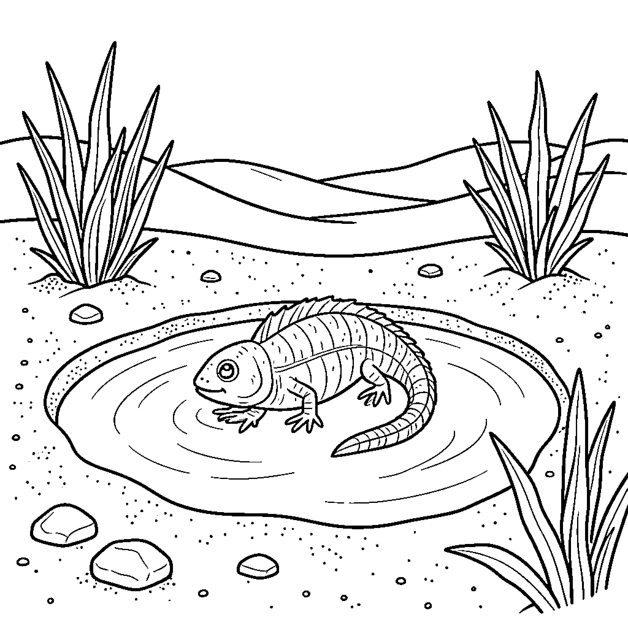 Sea-Monkey resting peacefully in a small desert puddle Coloring Page (free black-and-white line drawing printable PDF for all, from beginners to advanced learners, including children, teens, adults, and seniors)