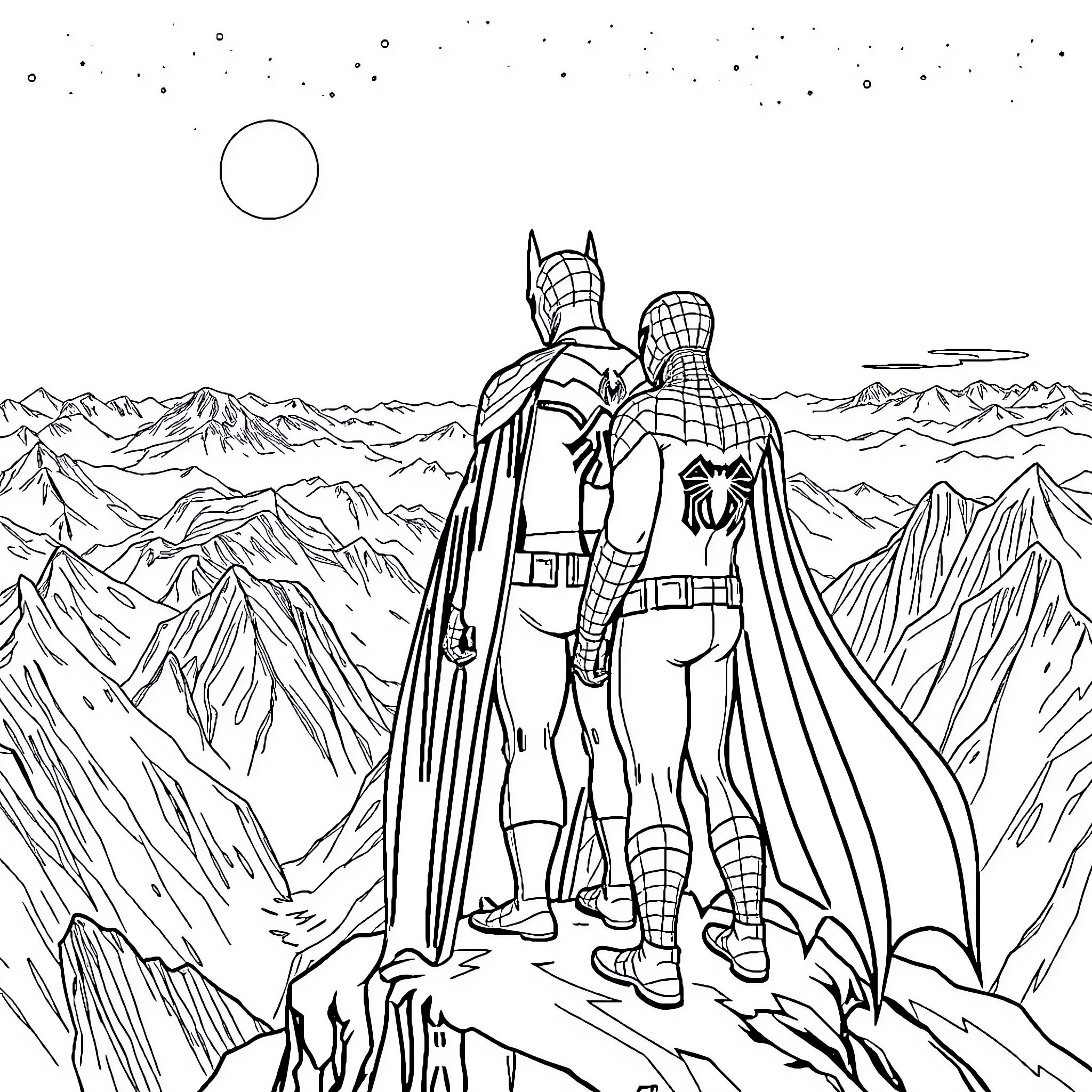 Batman and Spiderman standing atop a mountain peak Coloring Page (free black-and-white line drawing printable PDF for all, from beginners to advanced learners, including children, teens, adults, and seniors)