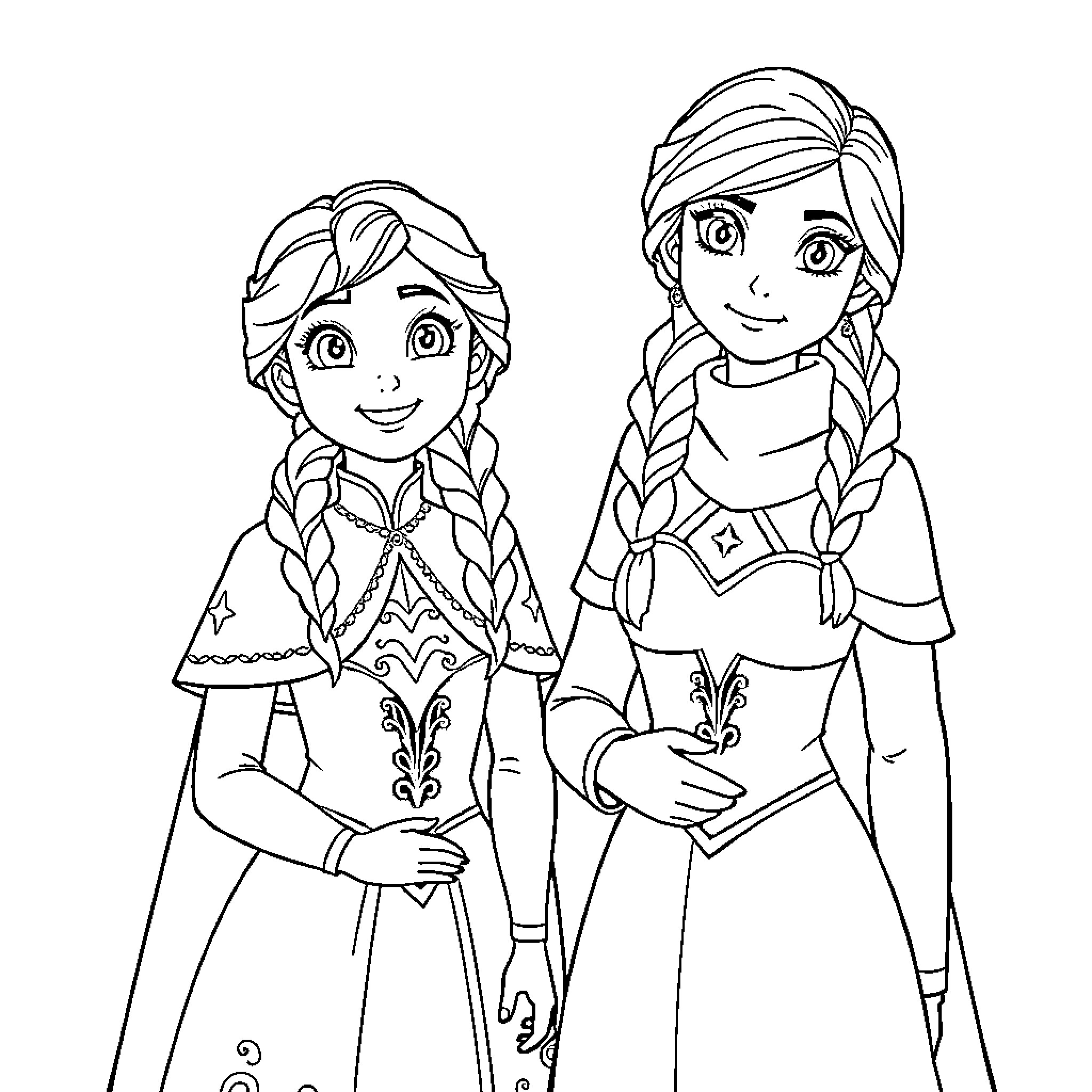Anna and her friend in winter outfits Coloring Page (free black-and-white line drawing printable PDF for all, from beginners to advanced learners, including children, teens, adults, and seniors)