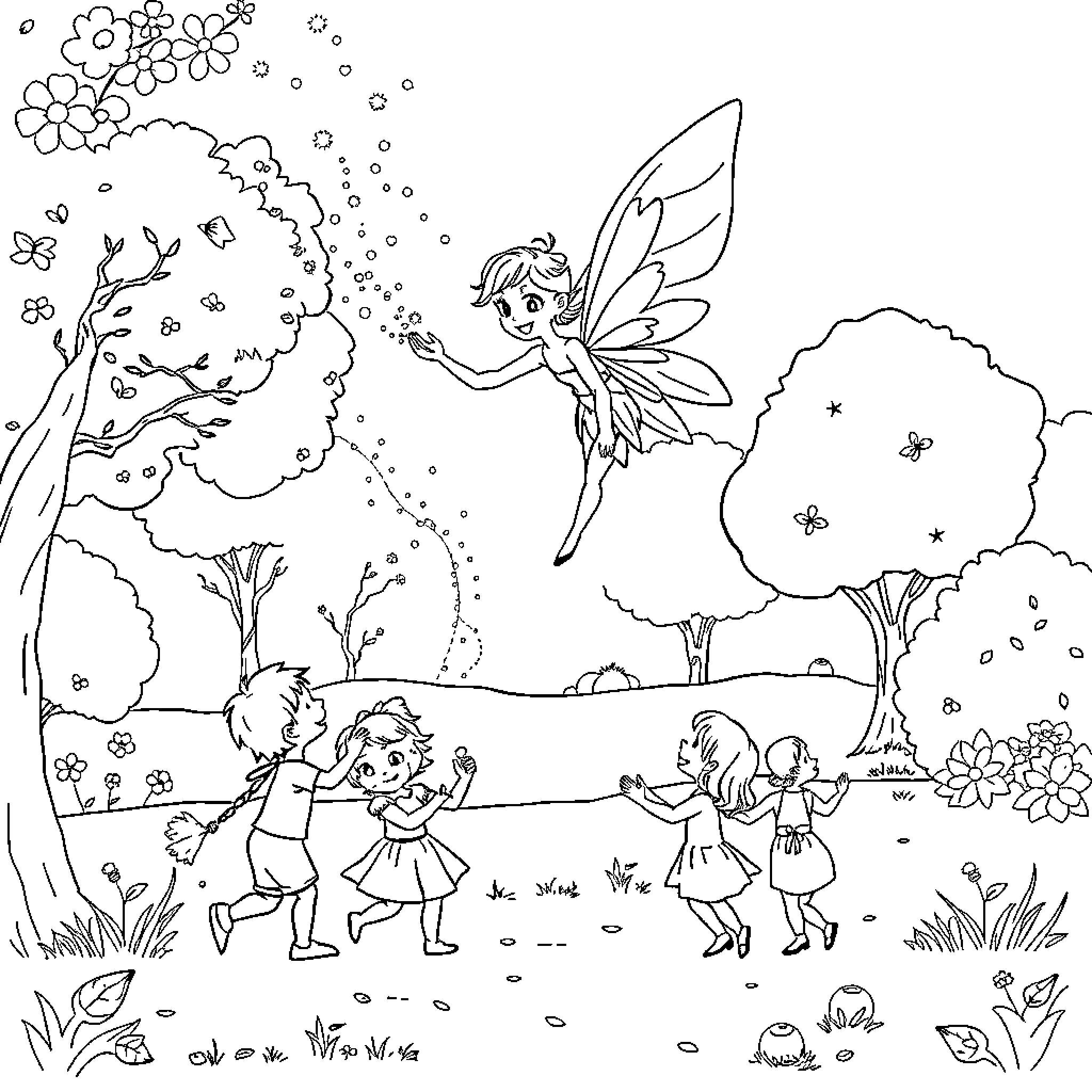 Fairy Children Playing in the Enchanted Forest Coloring Page (free black-and-white line drawing printable PDF for all, from beginners to advanced learners, including children, teens, adults, and seniors)