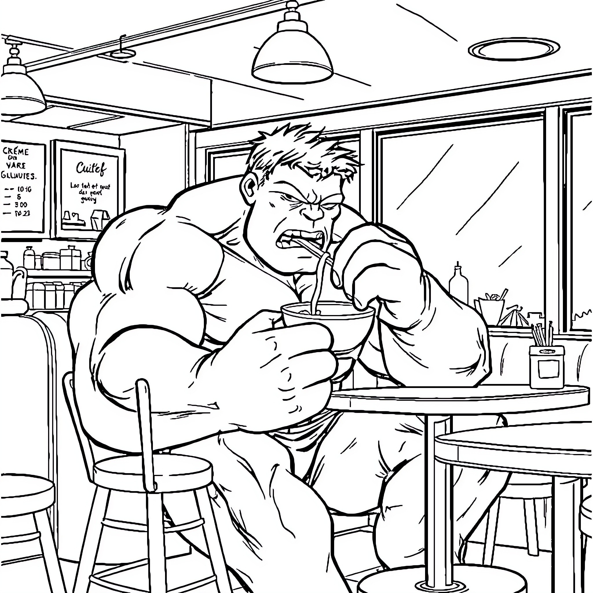 Hulk Struggles with Frustration in Cafe Setting Coloring Page (free black-and-white line drawing printable PDF for all, from beginners to advanced learners, including children, teens, adults, and seniors)