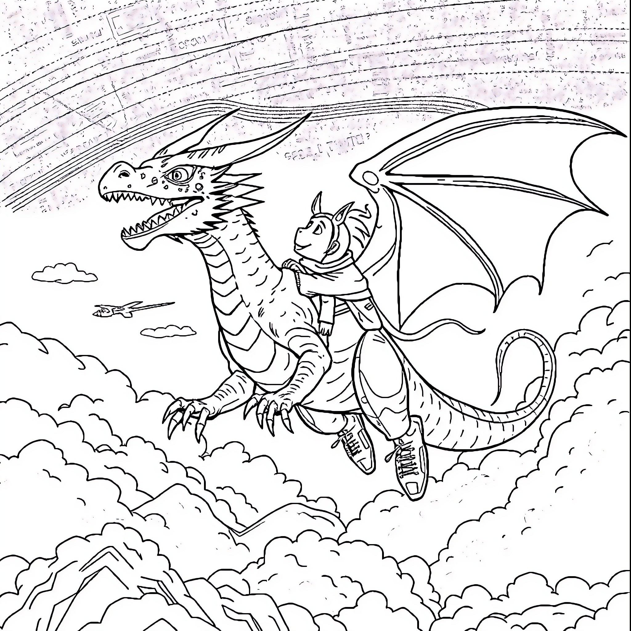Dragon Rider Soaring Through the Clouds Coloring Page (free black-and-white line drawing printable PDF for all, from beginners to advanced learners, including children, teens, adults, and seniors)