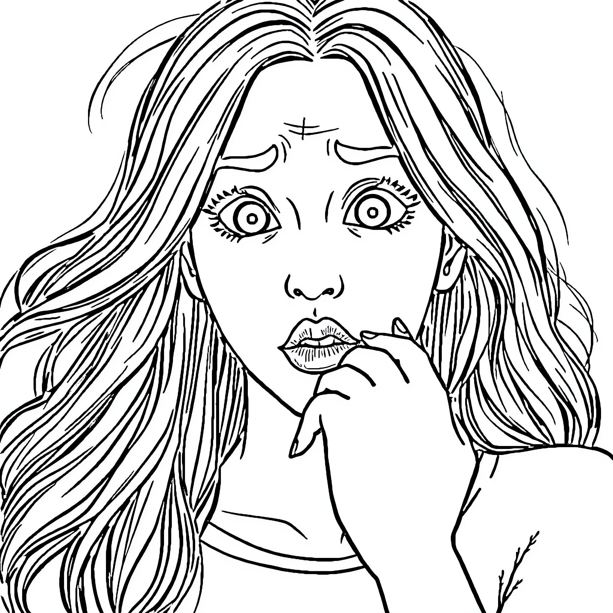 Cartulina: Thoughtful Young Woman with Expressive Eyes Coloring Page (free black-and-white line drawing printable PDF for all, from beginners to advanced learners, including children, teens, adults, and seniors)