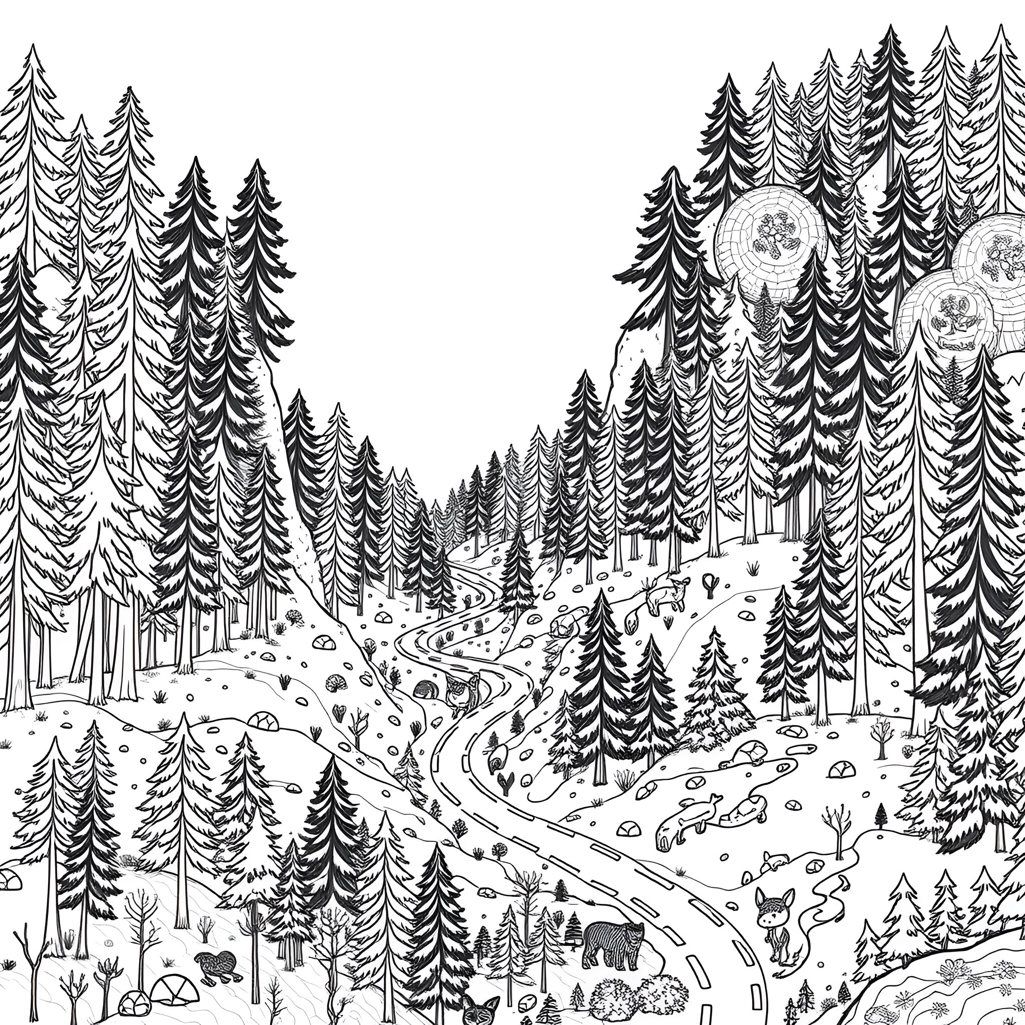 Forest scene with winding road and wildlife Coloring Page (free black-and-white line drawing printable PDF for all, from beginners to advanced learners, including children, teens, adults, and seniors)