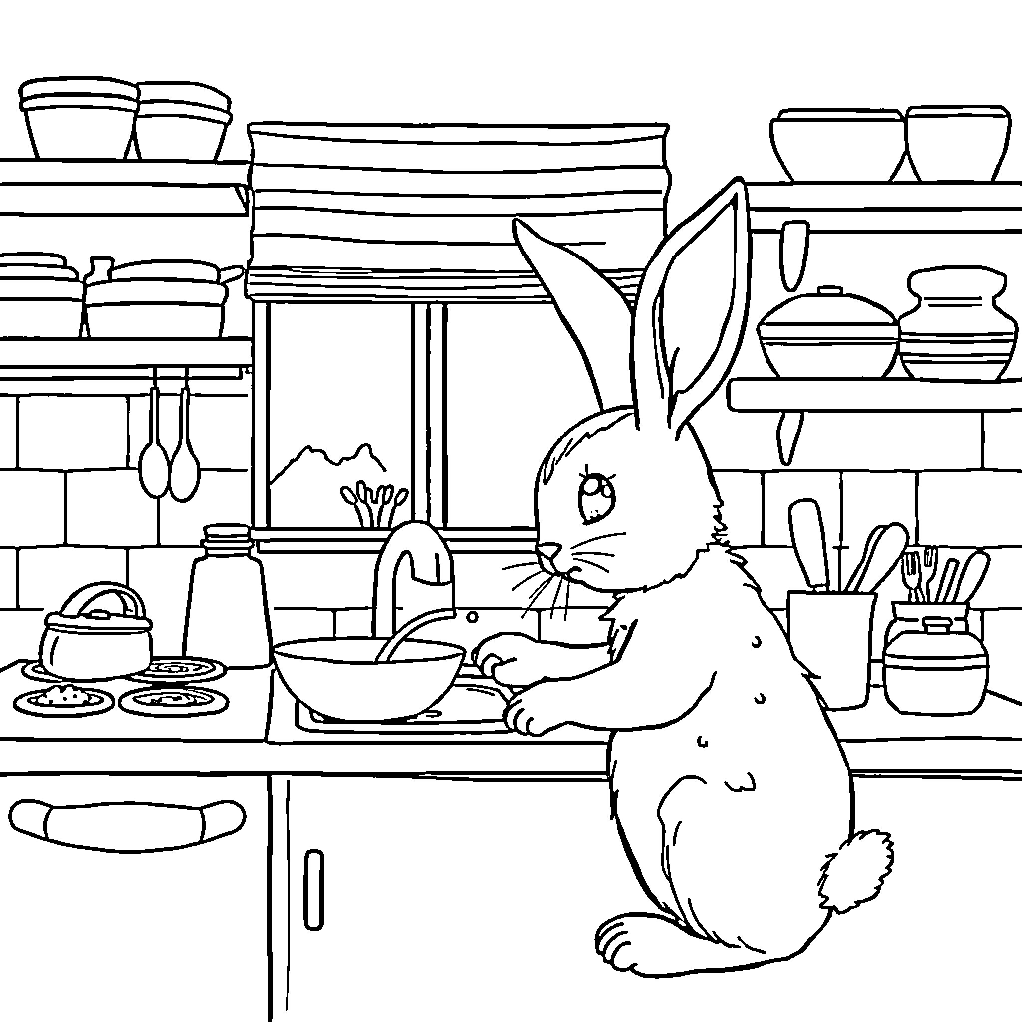 Baby Rabbit Exploring Cozy Kitchen Coloring Page (free black-and-white line drawing printable PDF for all, from beginners to advanced learners, including children, teens, adults, and seniors)