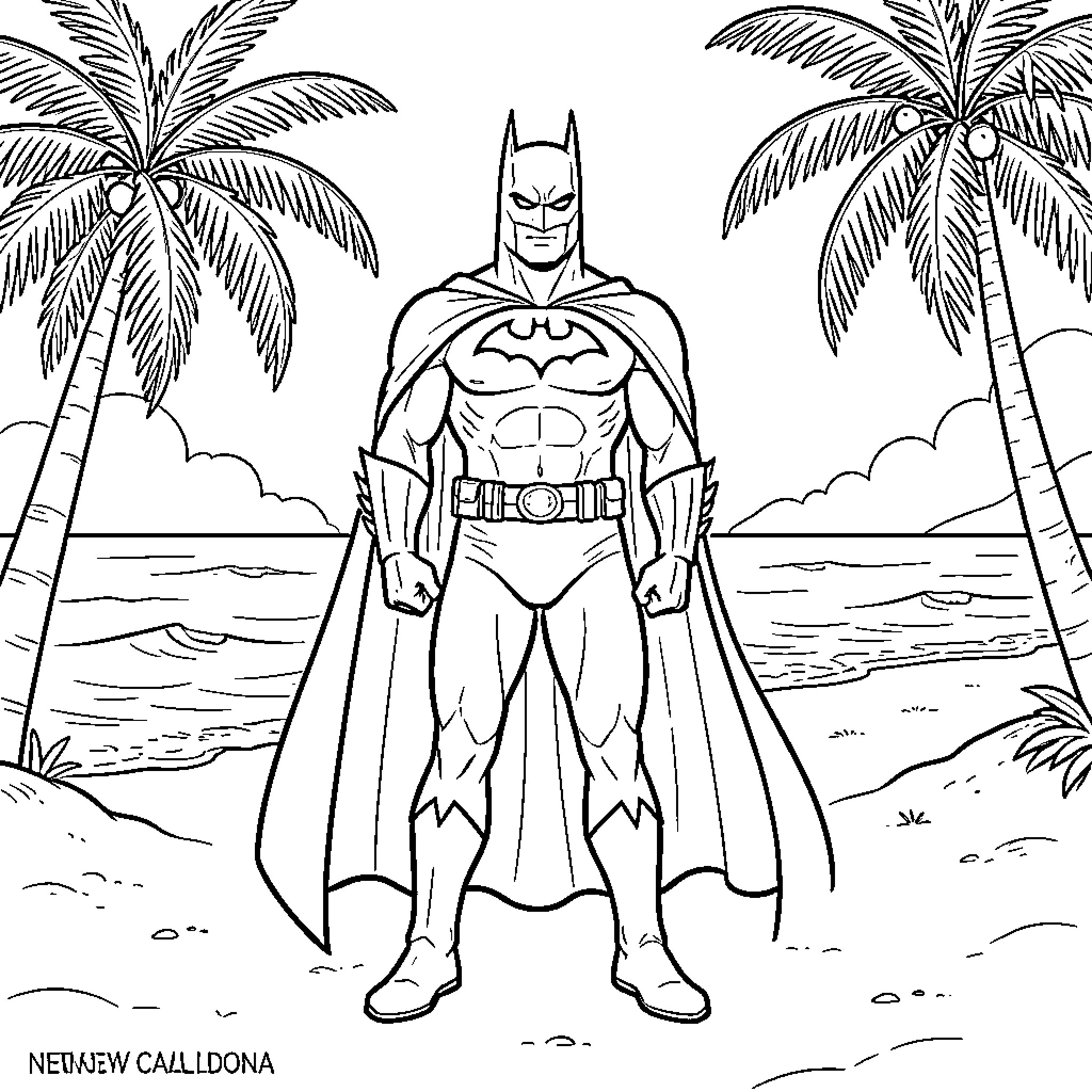 Batman on a tropical beach adventure Coloring Page (free black-and-white line drawing printable PDF for all, from beginners to advanced learners, including children, teens, adults, and seniors)
