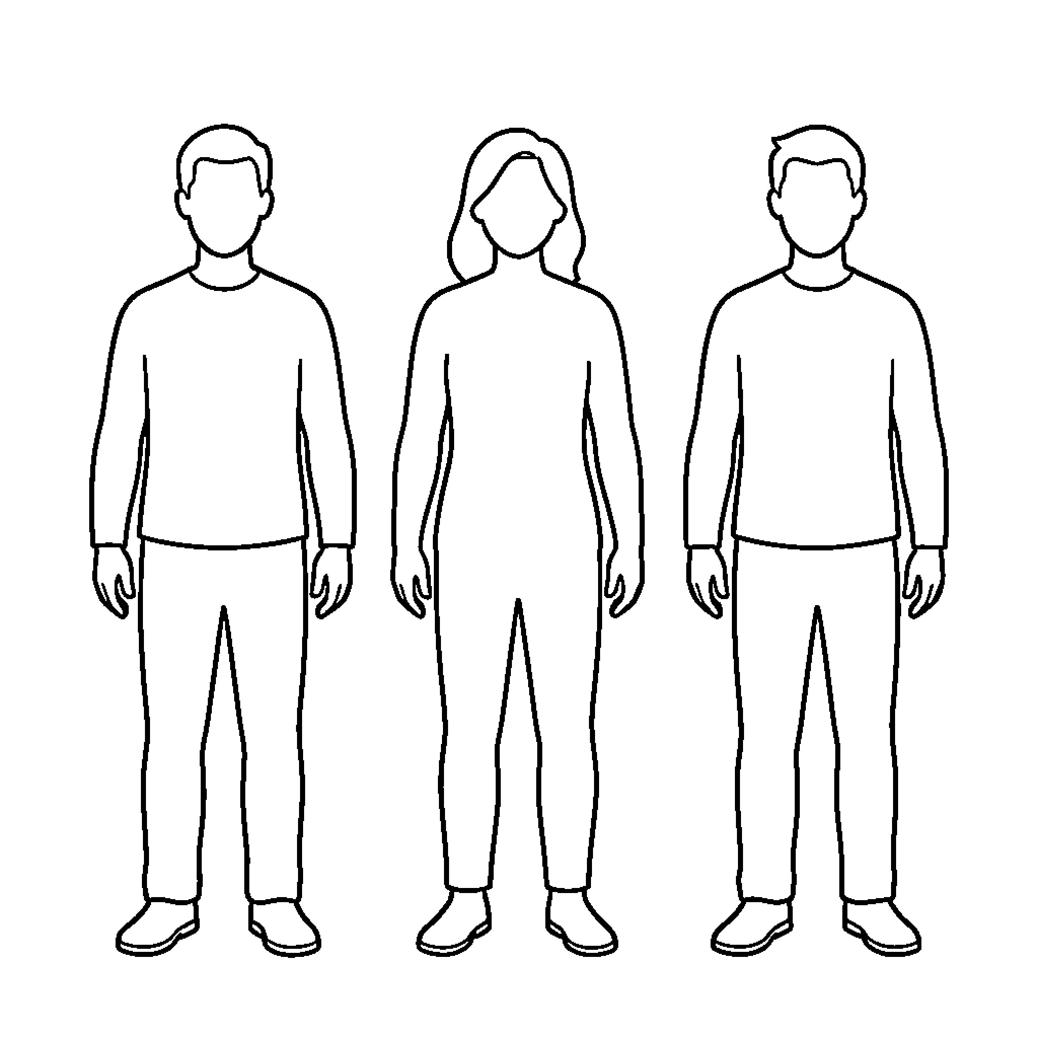 Person standing in simple outfits Coloring Page (free black-and-white line drawing printable PDF for all, from beginners to advanced learners, including children, teens, adults, and seniors)