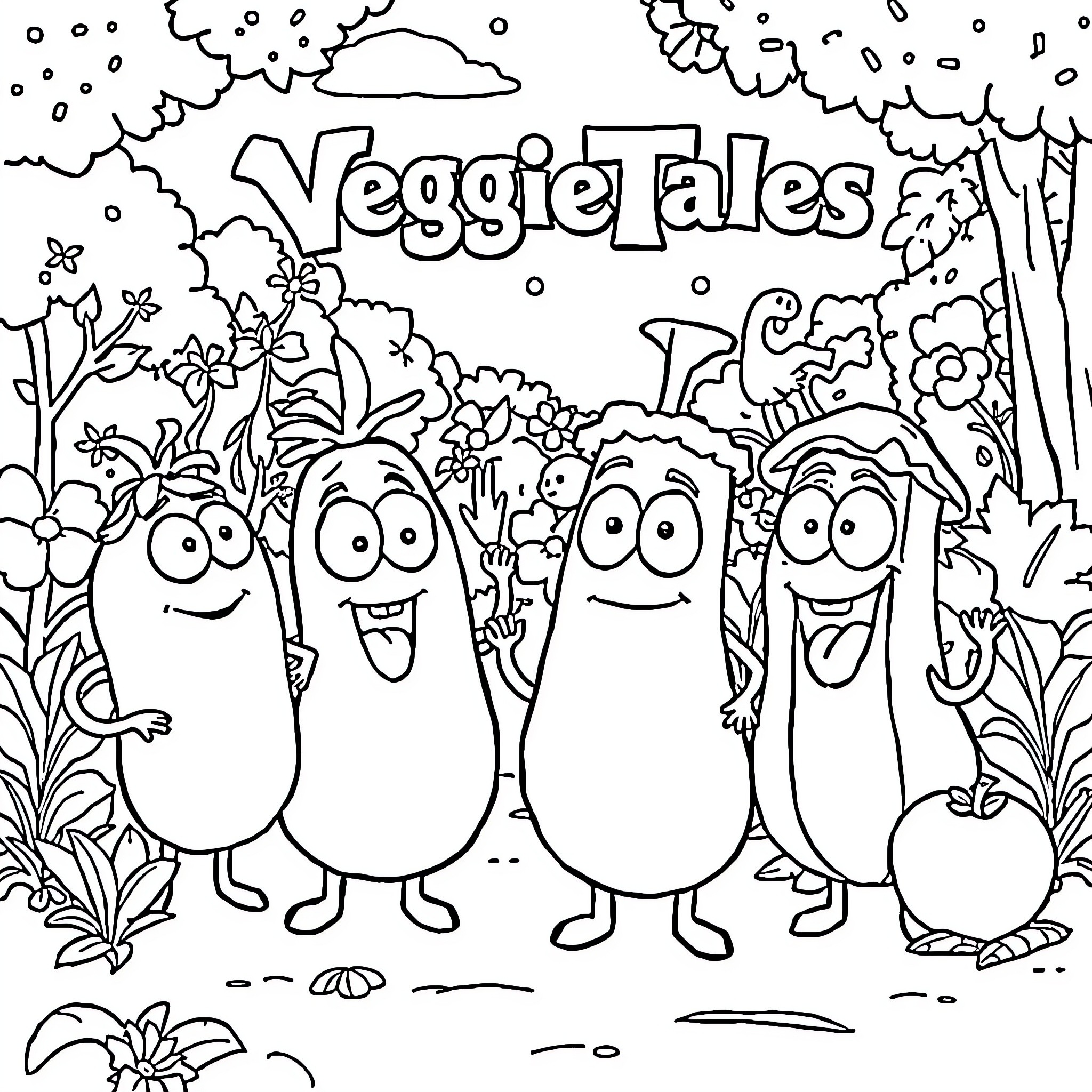 Veggie Tales characters in a nature scene Coloring Page (free black-and-white line drawing printable PDF for all, from beginners to advanced learners, including children, teens, adults, and seniors)