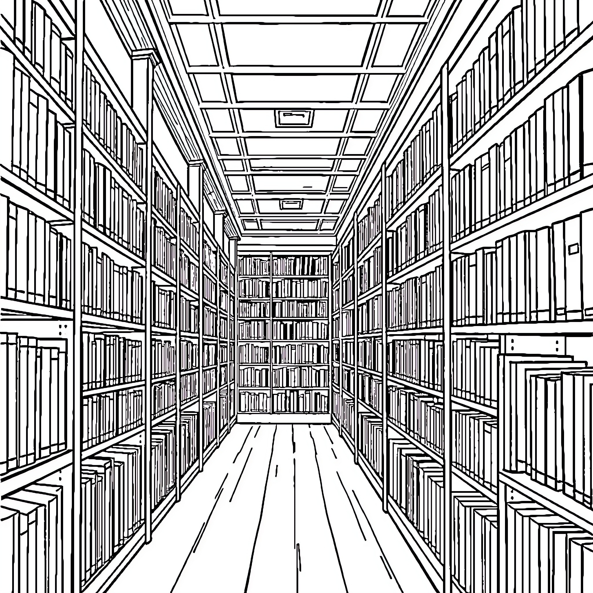 Library with Intricate Shelving Patterns Coloring Page (free black-and-white line drawing printable PDF for all, from beginners to advanced learners, including children, teens, adults, and seniors)