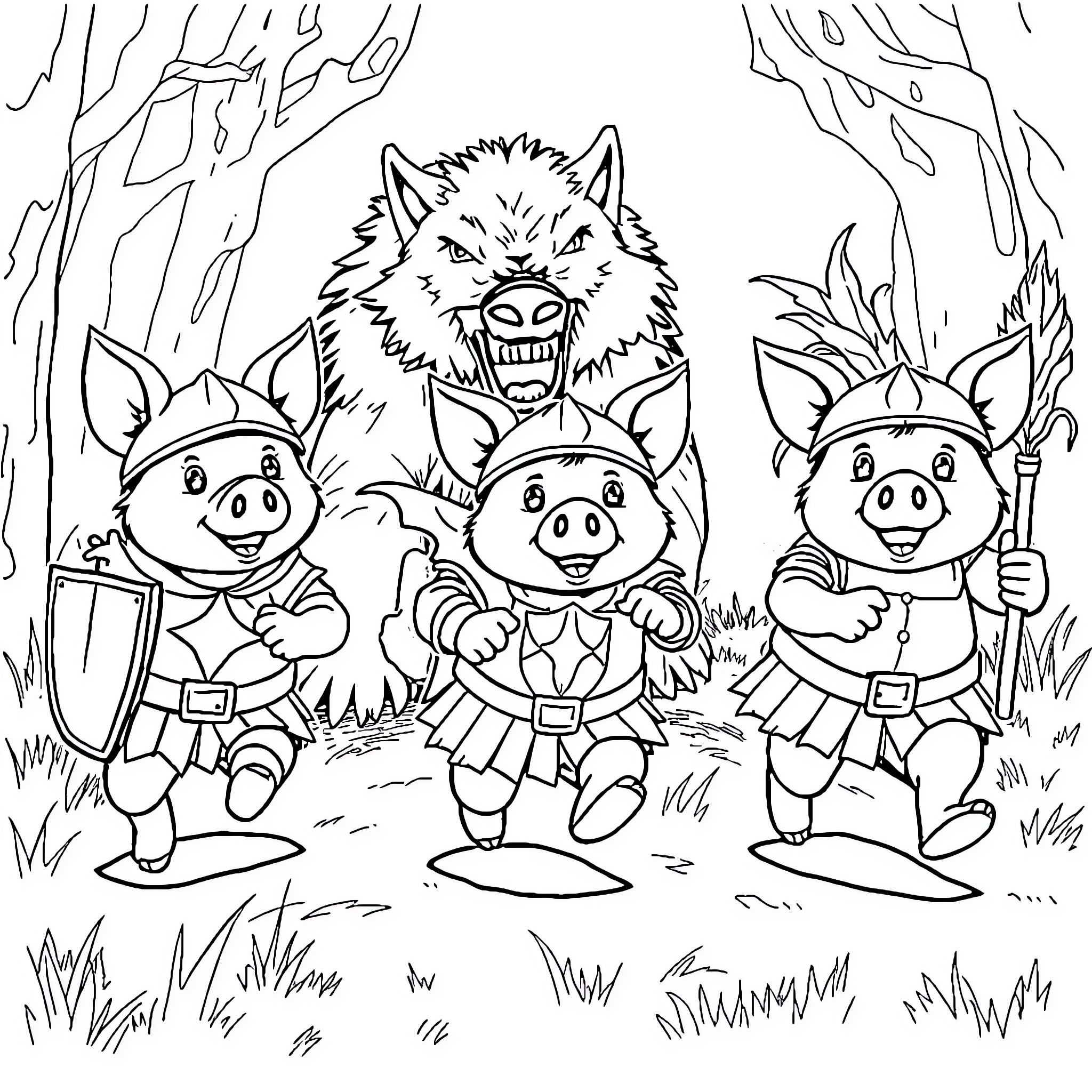 Pig Warriors Facing Fierce Wolf in Forest Coloring Page (free black-and-white line drawing printable PDF for all, from beginners to advanced learners, including children, teens, adults, and seniors)