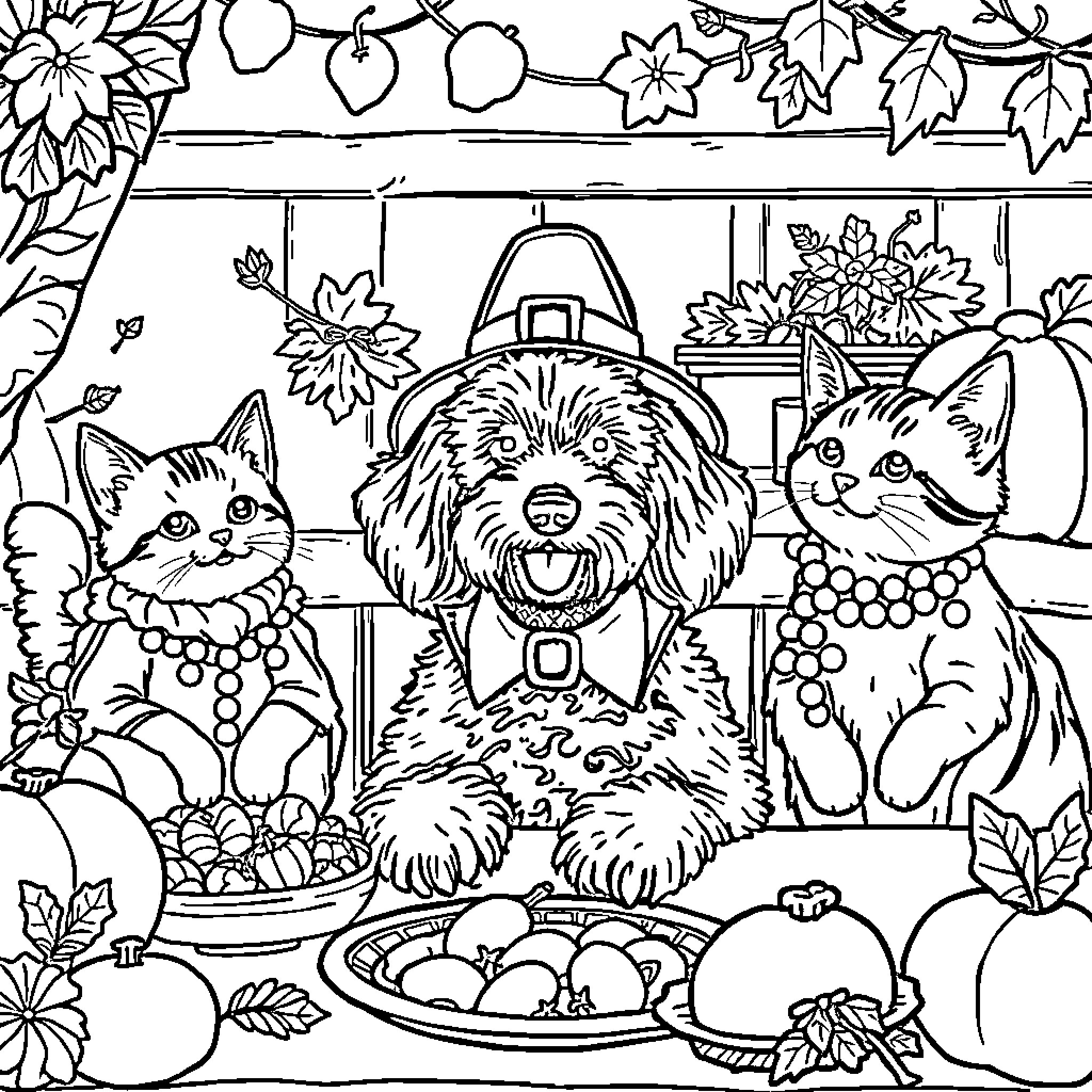Dog and Cats Celebrating Autumn Coloring Page (free black-and-white line drawing printable PDF for all, from beginners to advanced learners, including children, teens, adults, and seniors)