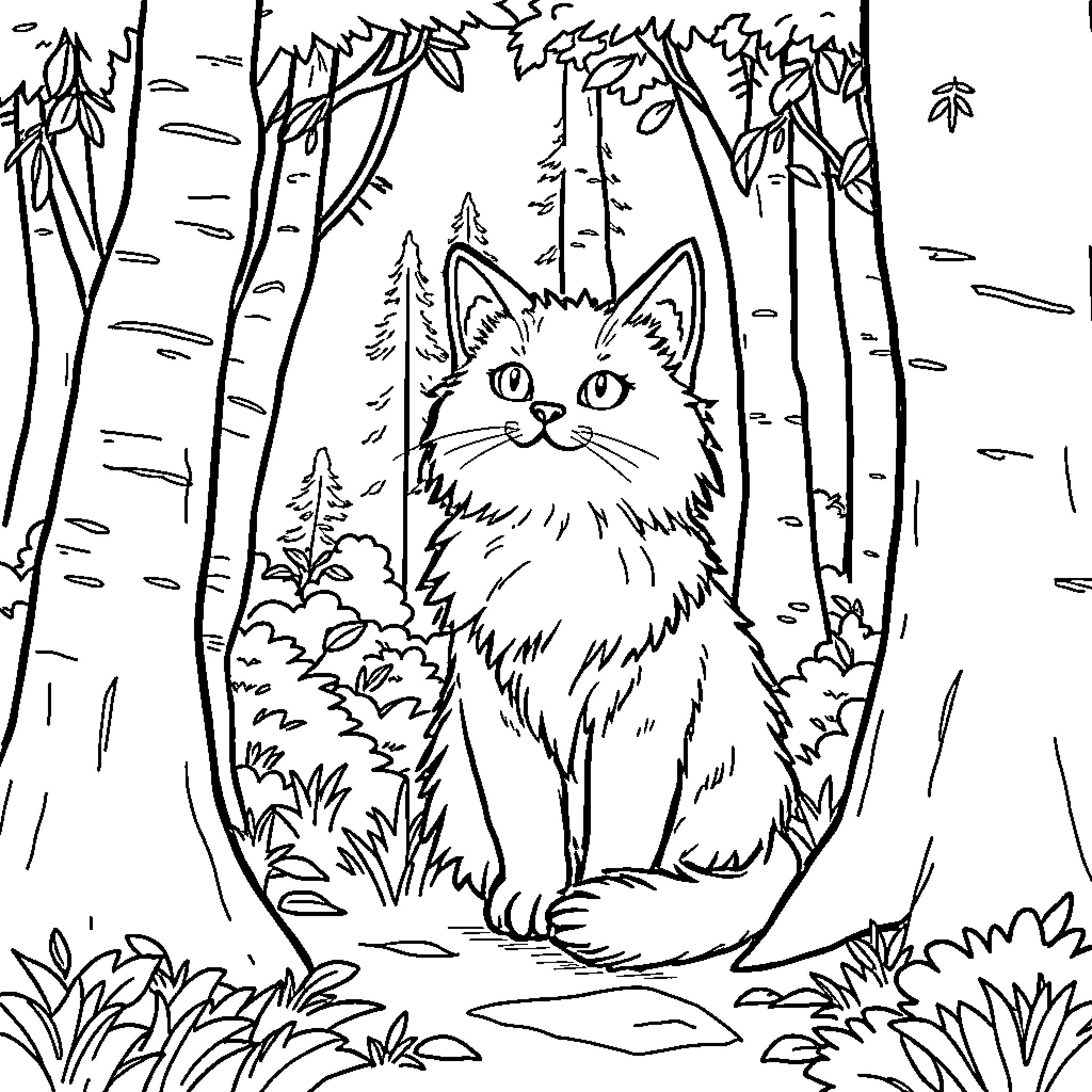 Cat in the Enchanted Forest Coloring Page (free black-and-white line drawing printable PDF for all, from beginners to advanced learners, including children, teens, adults, and seniors)