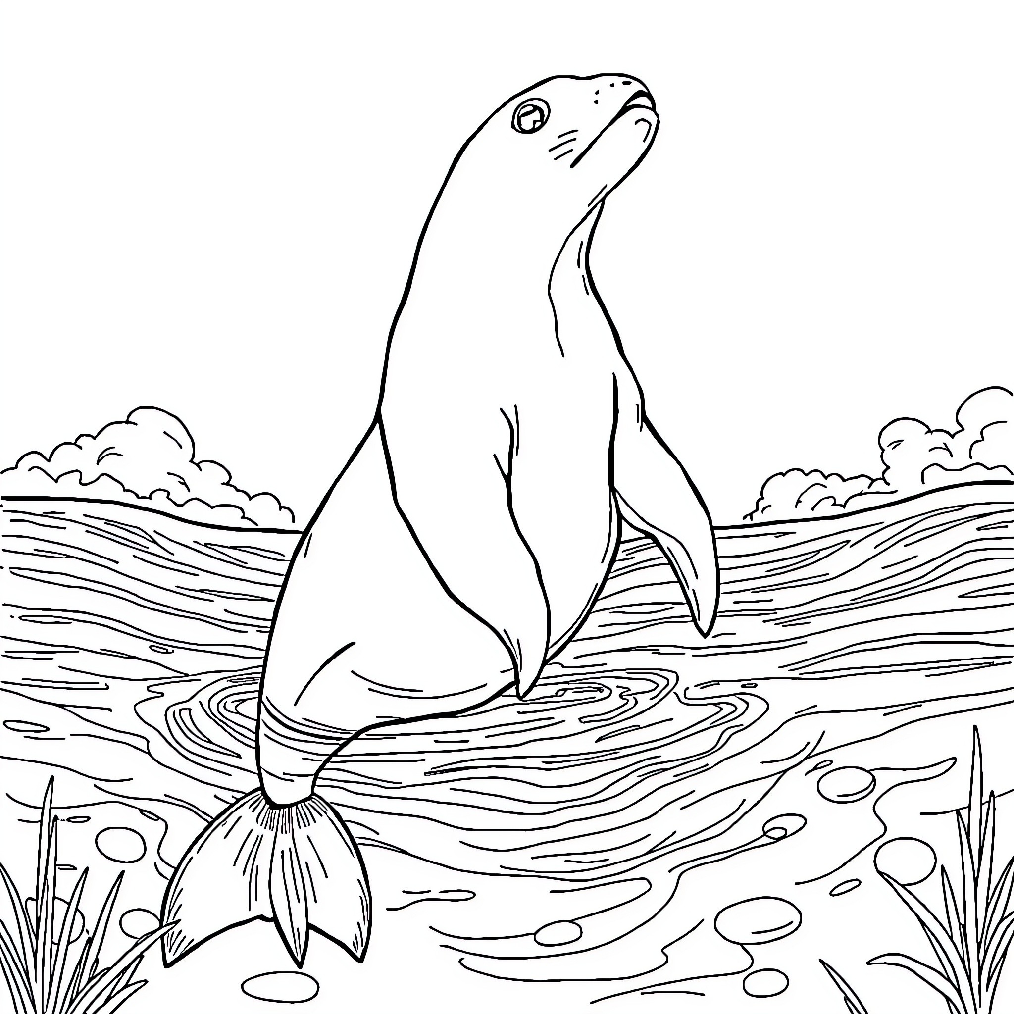 Jeremiah the Dolphin Frolicking in the Waves Coloring Page (free black-and-white line drawing printable PDF for all, from beginners to advanced learners, including children, teens, adults, and seniors)