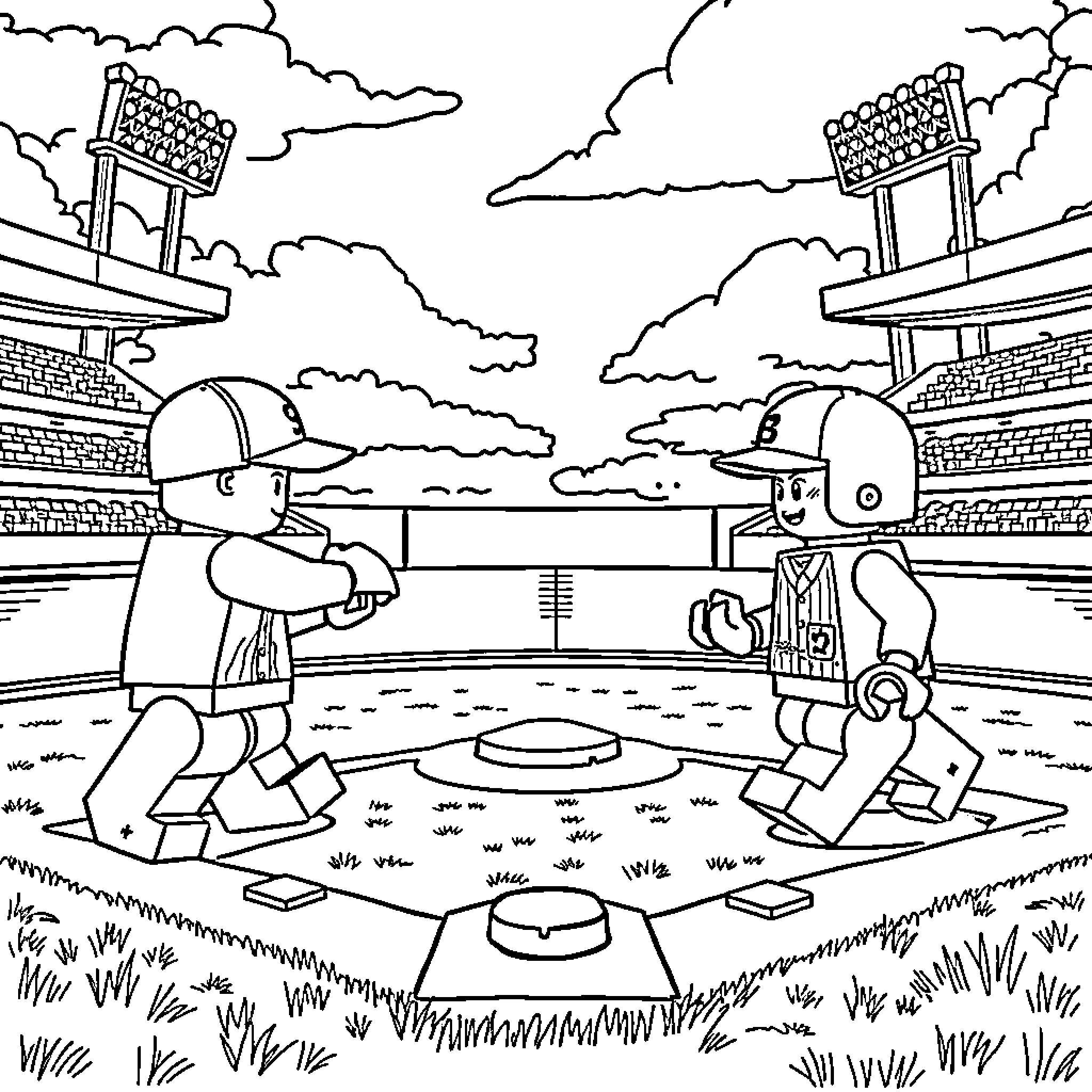 Lego characters playing baseball on the field Coloring Page (free black-and-white line drawing printable PDF for all, from beginners to advanced learners, including children, teens, adults, and seniors)