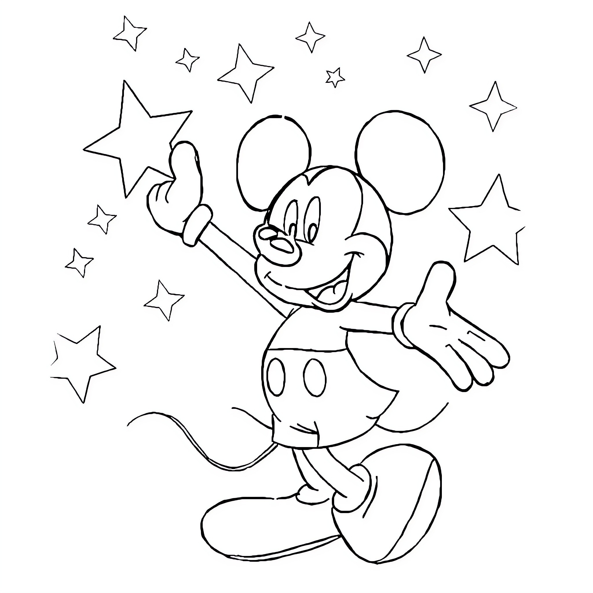 Mickey Mouse waving with stars around Coloring Page (free black-and-white line drawing printable PDF for all, from beginners to advanced learners, including children, teens, adults, and seniors)