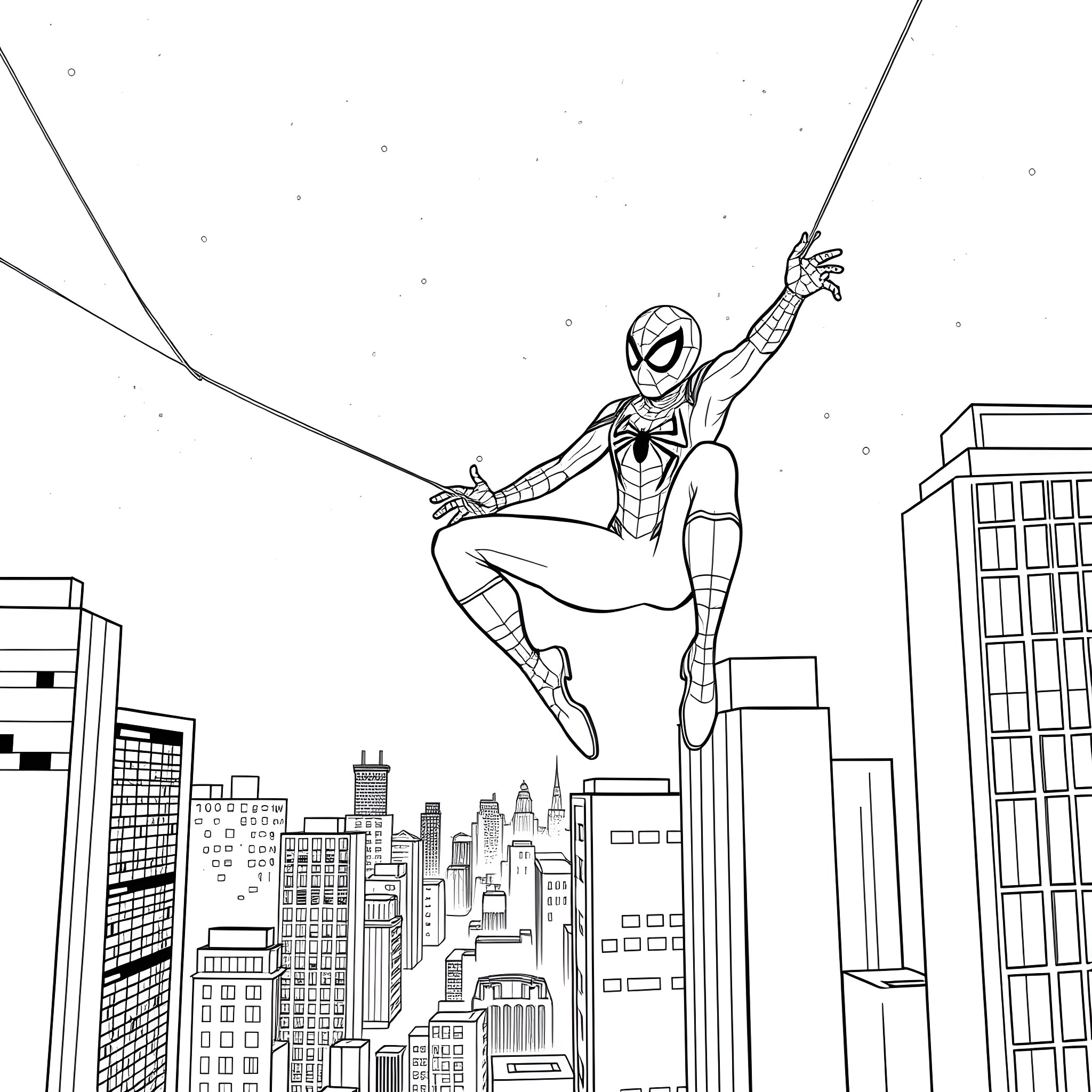 Spiderman swinging through the city skyline Coloring Page (free black-and-white line drawing printable PDF for all, from beginners to advanced learners, including children, teens, adults, and seniors)