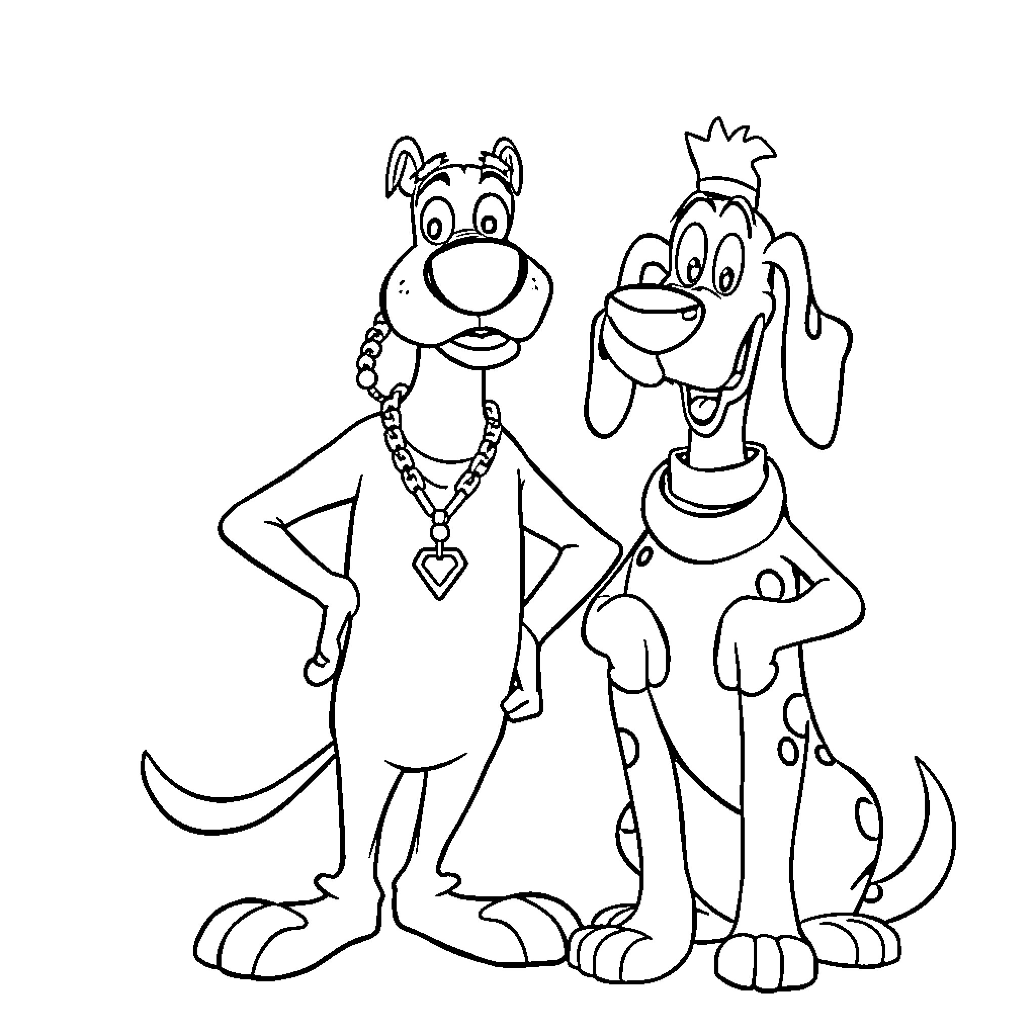 Snoop Dog cartoon characters in playful poses Coloring Page (free black-and-white line drawing printable PDF for all, from beginners to advanced learners, including children, teens, adults, and seniors)