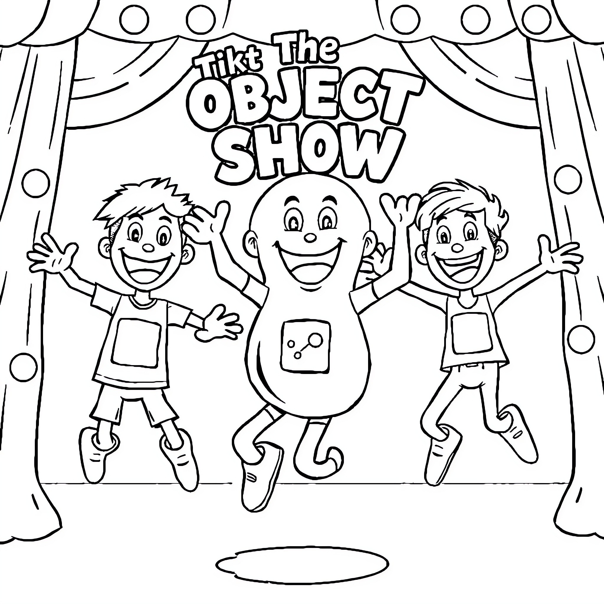 Object Show Character Performing on Stage Coloring Page (free black-and-white line drawing printable PDF for all, from beginners to advanced learners, including children, teens, adults, and seniors)