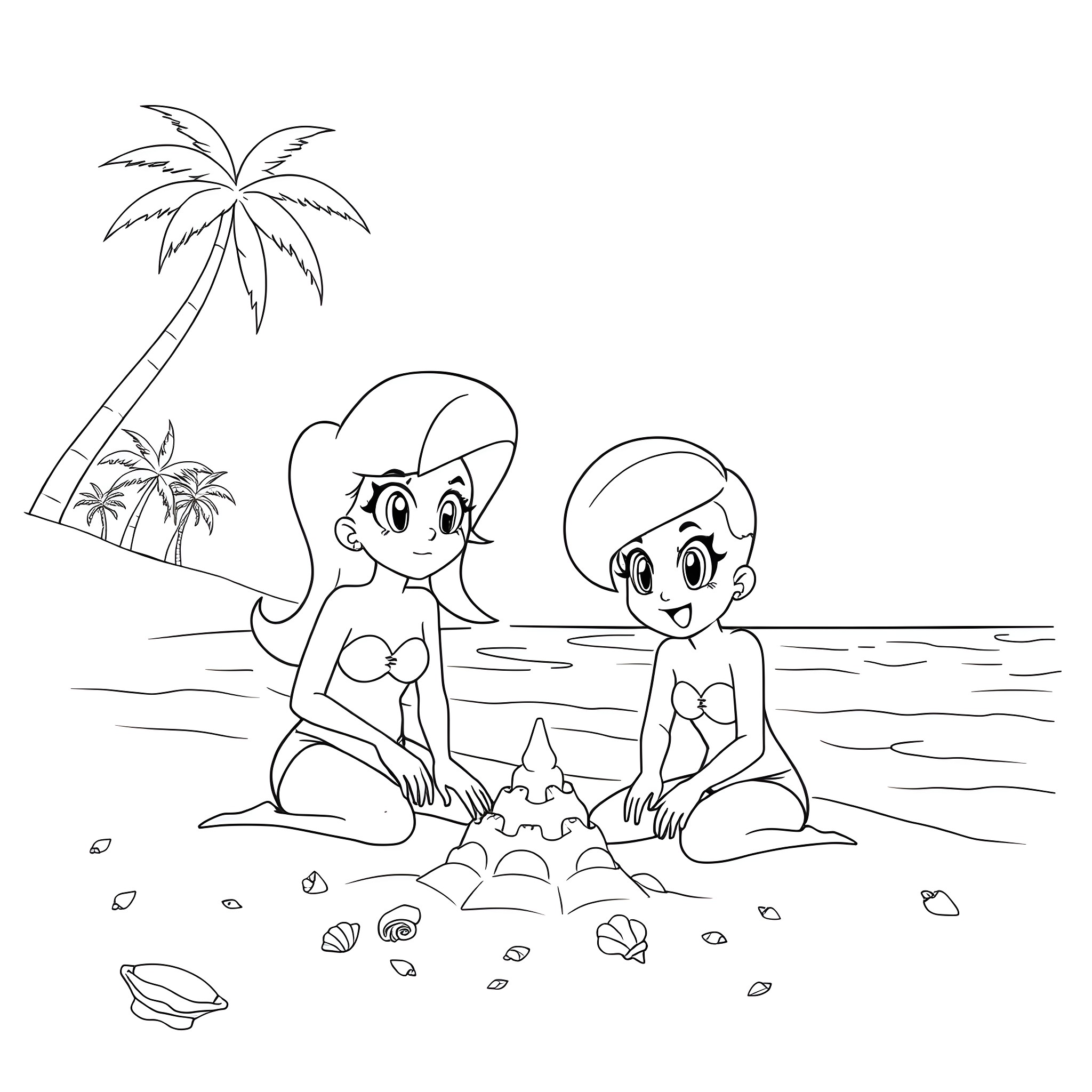 Bulma and Friend Build Sandcastles on the Beach Coloring Page (free black-and-white line drawing printable PDF for all, from beginners to advanced learners, including children, teens, adults, and seniors)