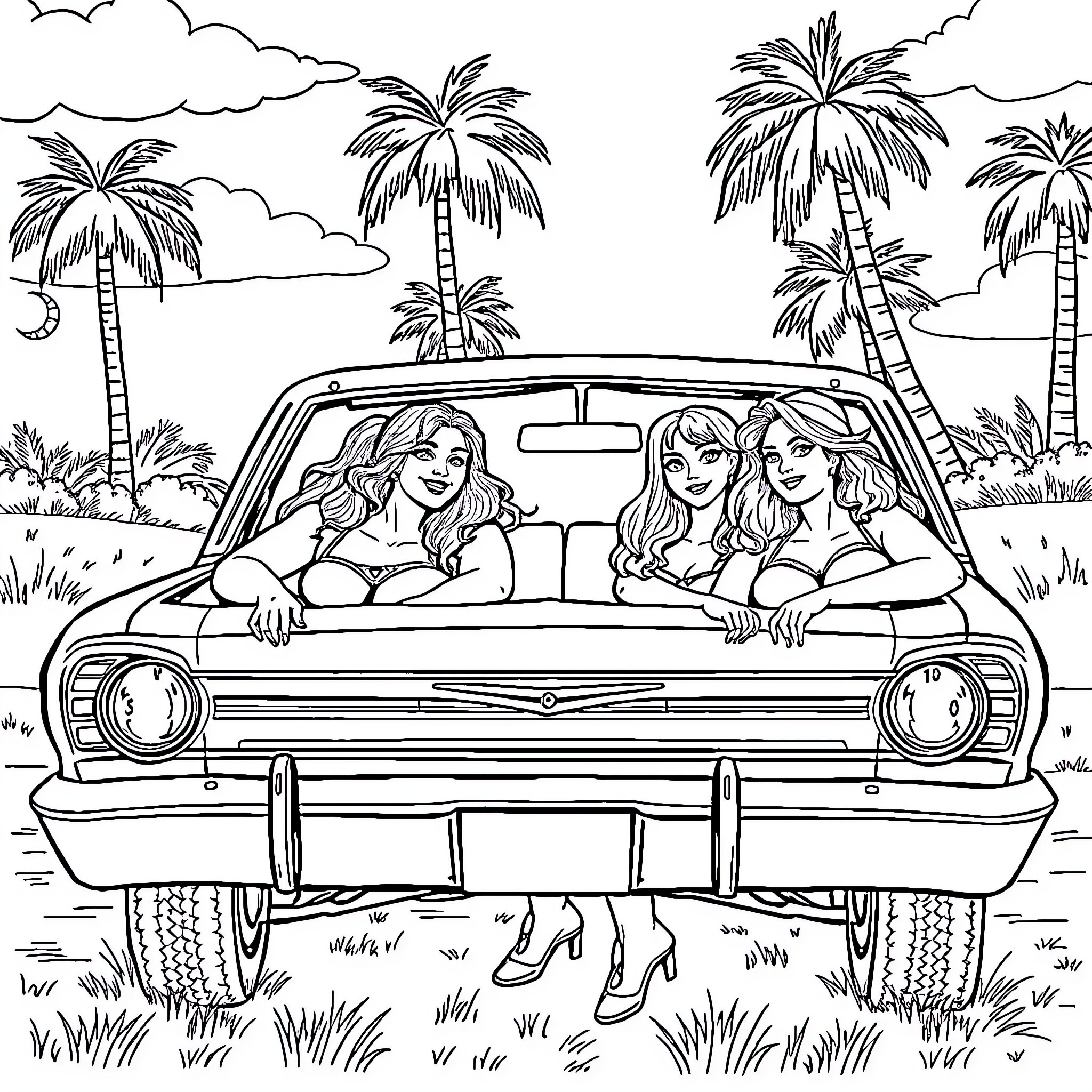 El Camino: Girls enjoy a scenic drive through palm trees Coloring Page (free black-and-white line drawing printable PDF for all, from beginners to advanced learners, including children, teens, adults, and seniors)