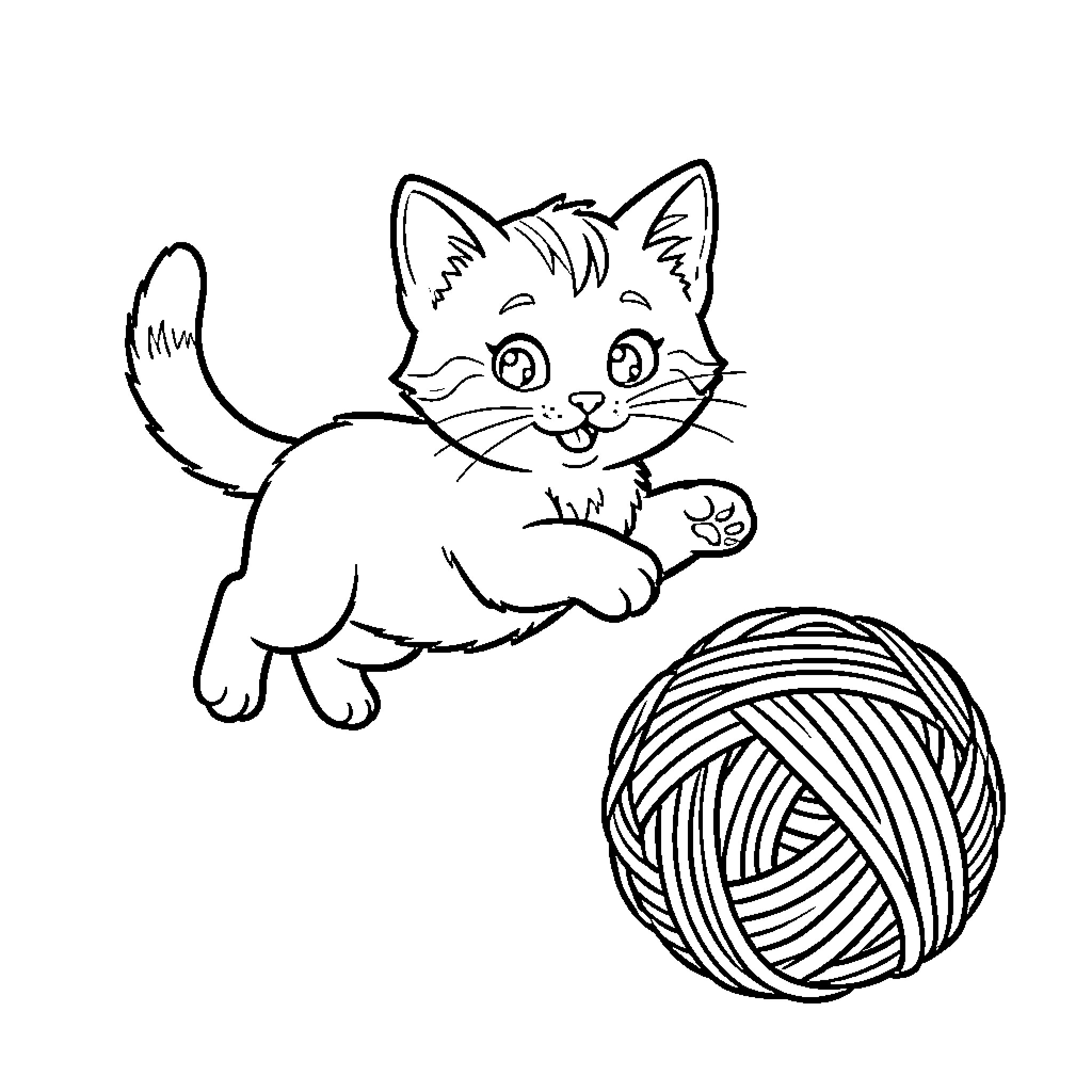 Kitten playing with ball of yarn Coloring Page (free black-and-white line drawing printable PDF for all, from beginners to advanced learners, including children, teens, adults, and seniors)