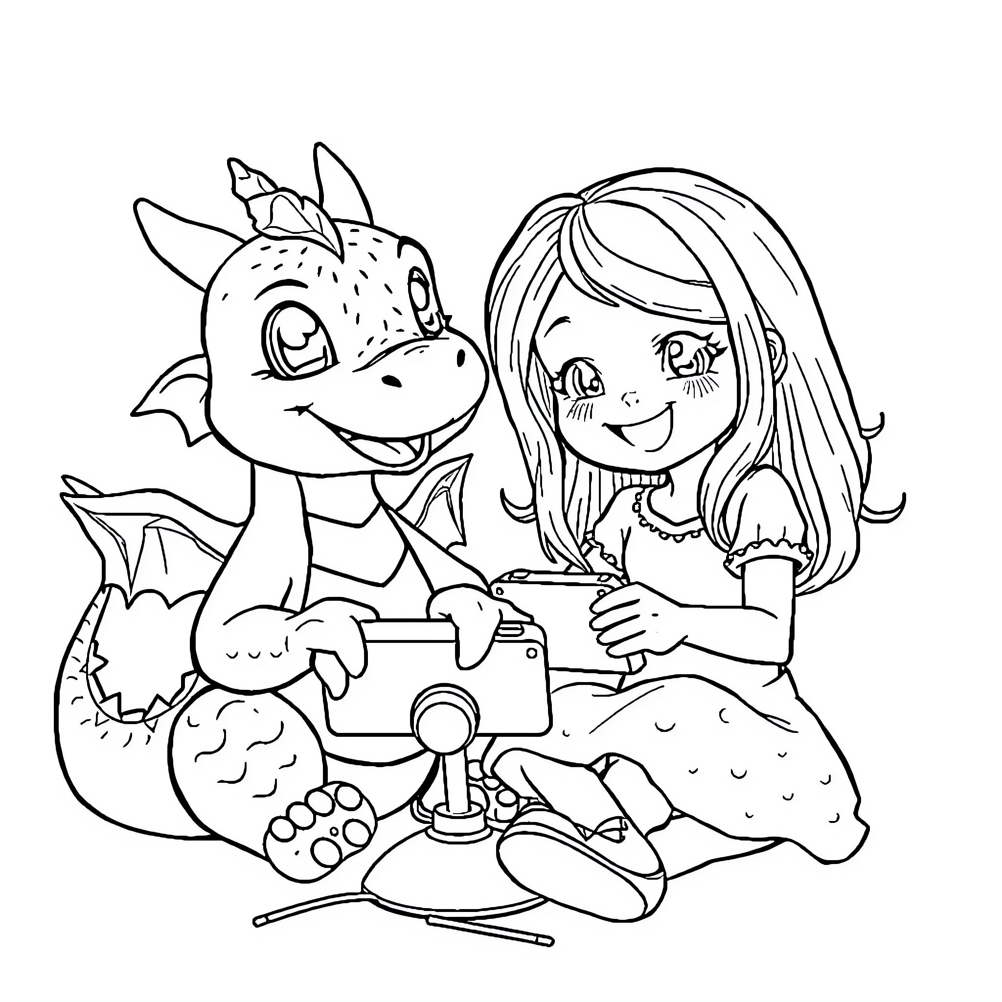 Dragon and Girl Playing Video Game Together Coloring Page (free black-and-white line drawing printable PDF for all, from beginners to advanced learners, including children, teens, adults, and seniors)