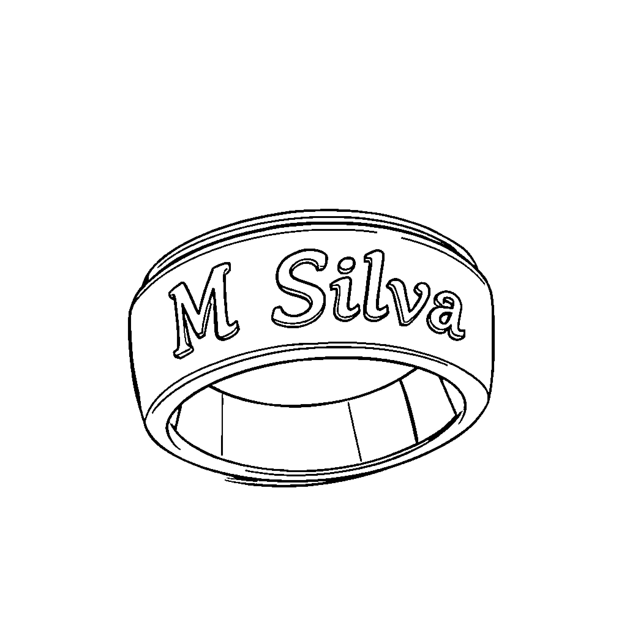 Ring with Engraved Name 'M Silva' Coloring Page (free black-and-white line drawing printable PDF for all, from beginners to advanced learners, including children, teens, adults, and seniors)