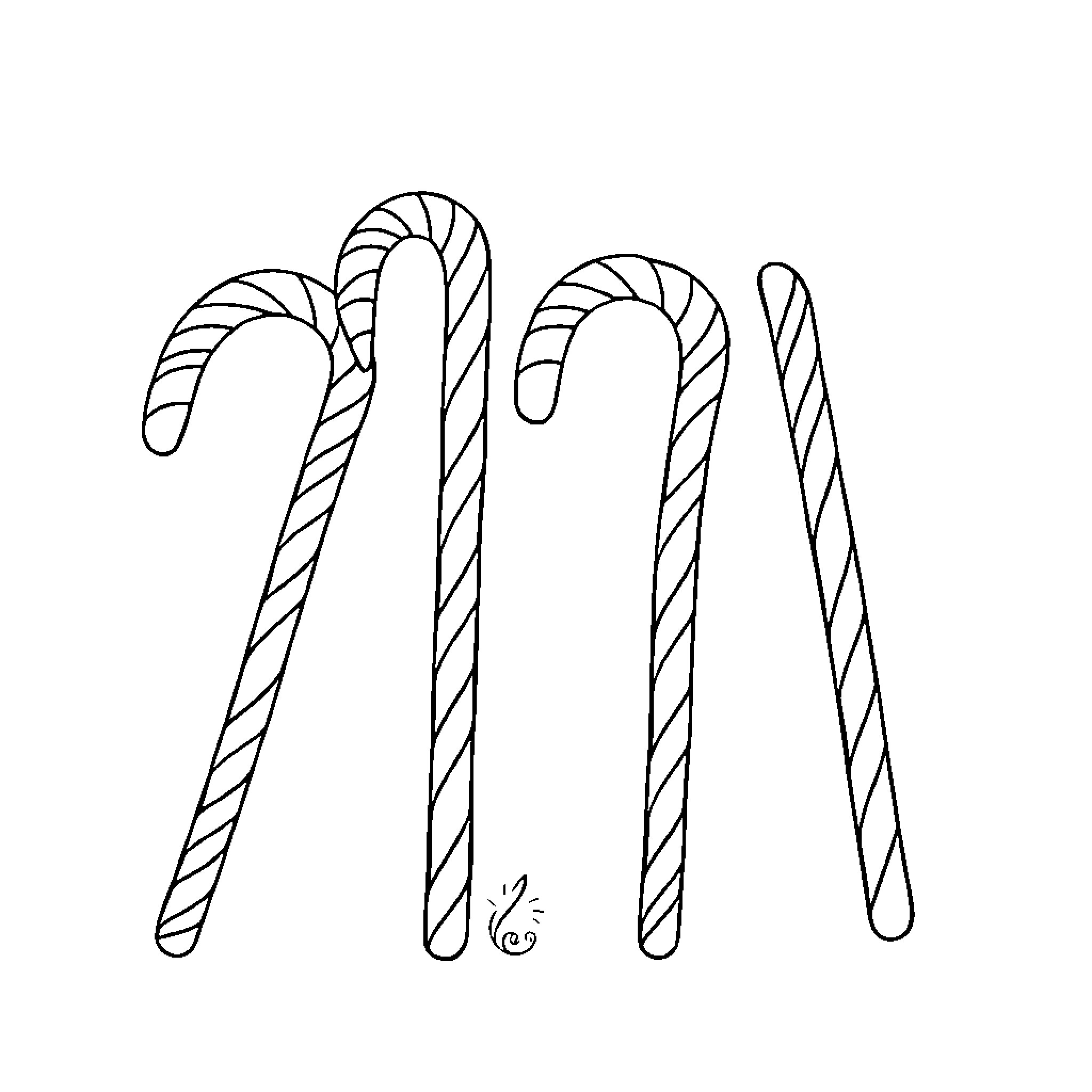 Candy Canes in Various Shapes and Designs Coloring Page (free black-and-white line drawing printable PDF for all, from beginners to advanced learners, including children, teens, adults, and seniors)