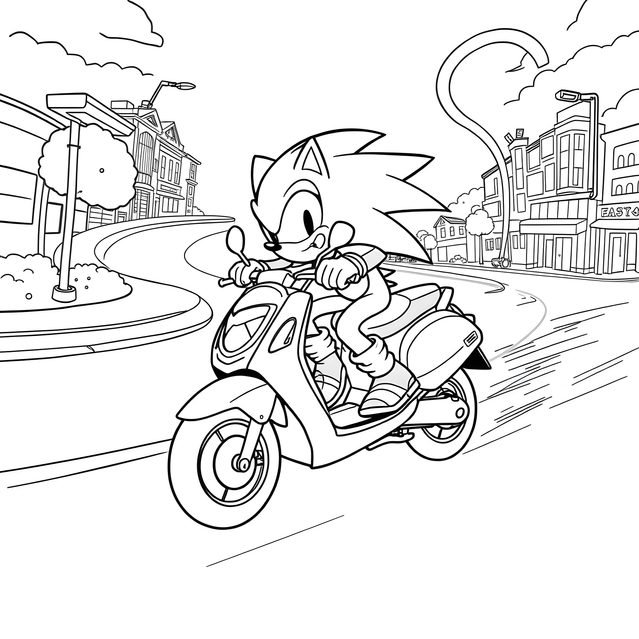 Sonic speeding through the city on a scooter Coloring Page (free black-and-white line drawing printable PDF for all, from beginners to advanced learners, including children, teens, adults, and seniors)
