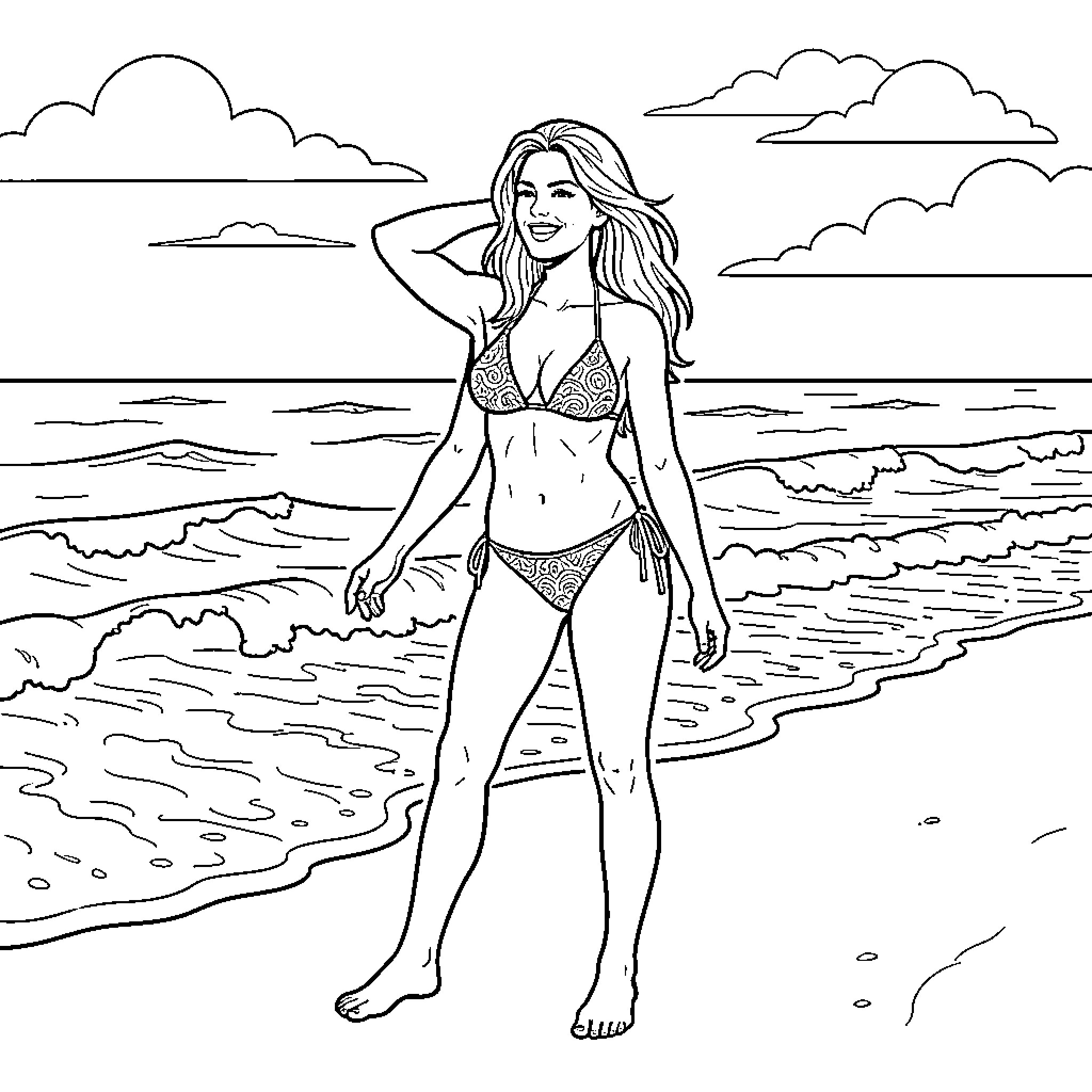 Pamela Anderson smiling in a bikini on the beach Coloring Page (free black-and-white line drawing printable PDF for all, from beginners to advanced learners, including children, teens, adults, and seniors)