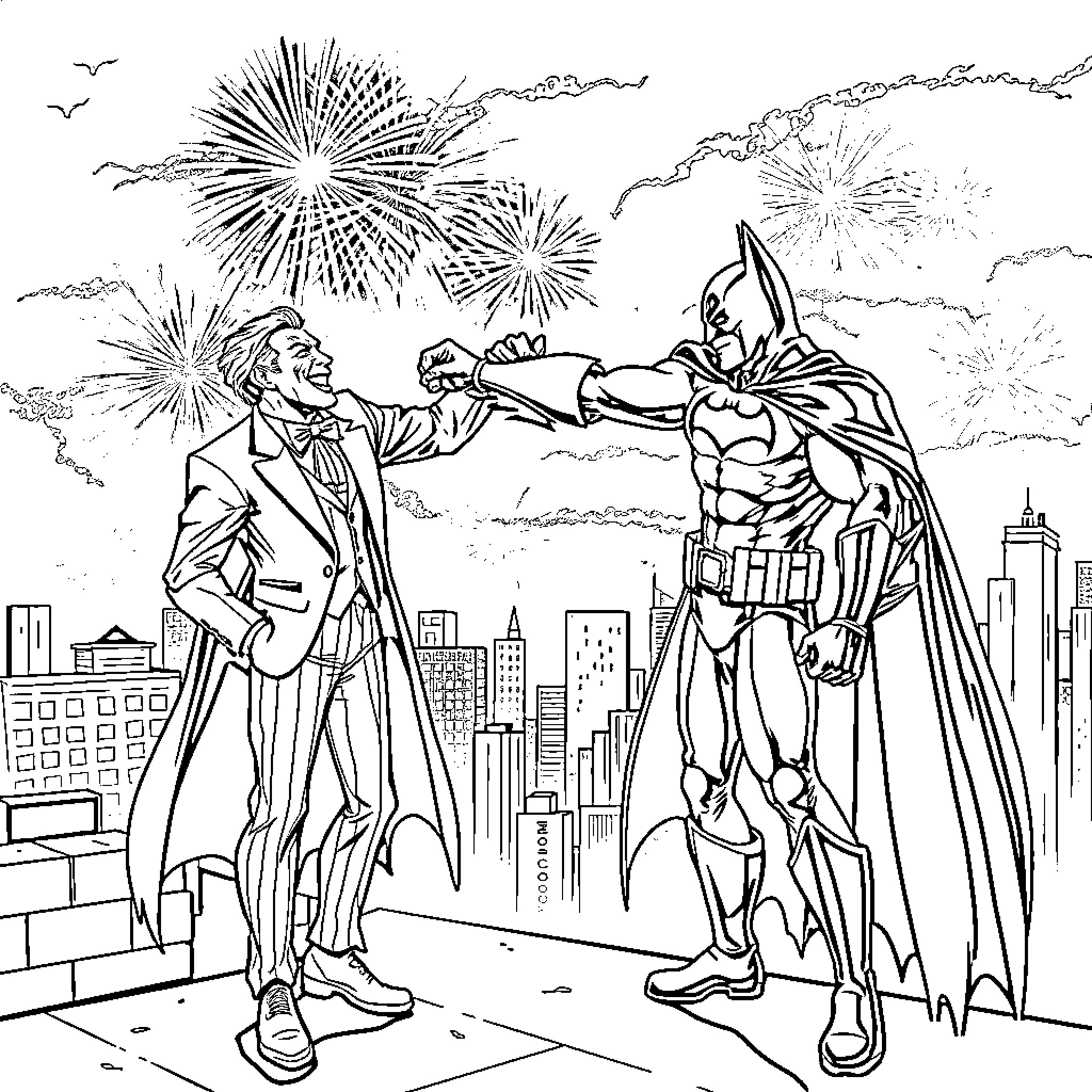 Batman and Joker face off in city with fireworks Coloring Page (free black-and-white line drawing printable PDF for all, from beginners to advanced learners, including children, teens, adults, and seniors)