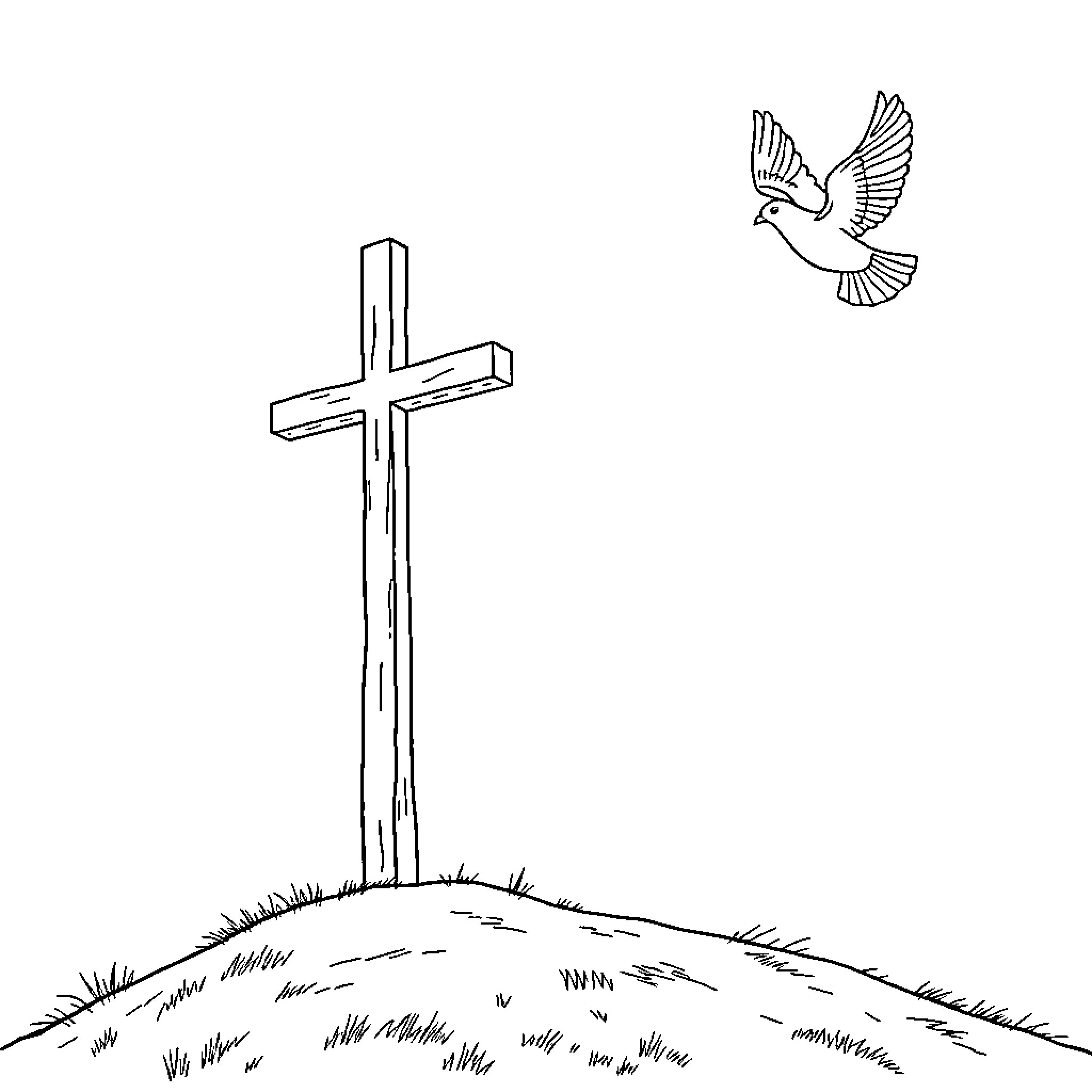 Cross on the Hilltop with Descending Dove Coloring Page (free black-and-white line drawing printable PDF for all, from beginners to advanced learners, including children, teens, adults, and seniors)