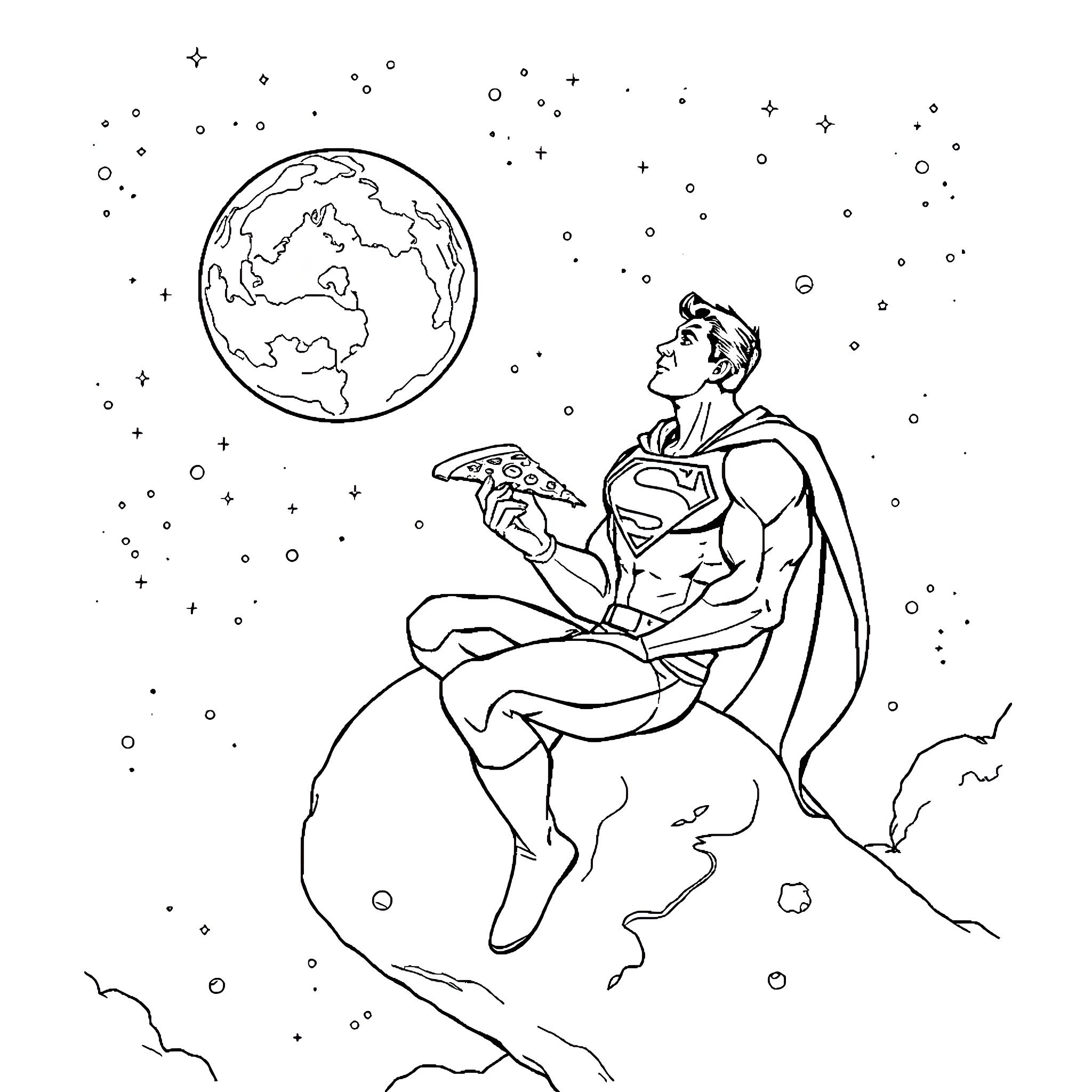 Superman protecting Earth in the night sky Coloring Page (free black-and-white line drawing printable PDF for all, from beginners to advanced learners, including children, teens, adults, and seniors)