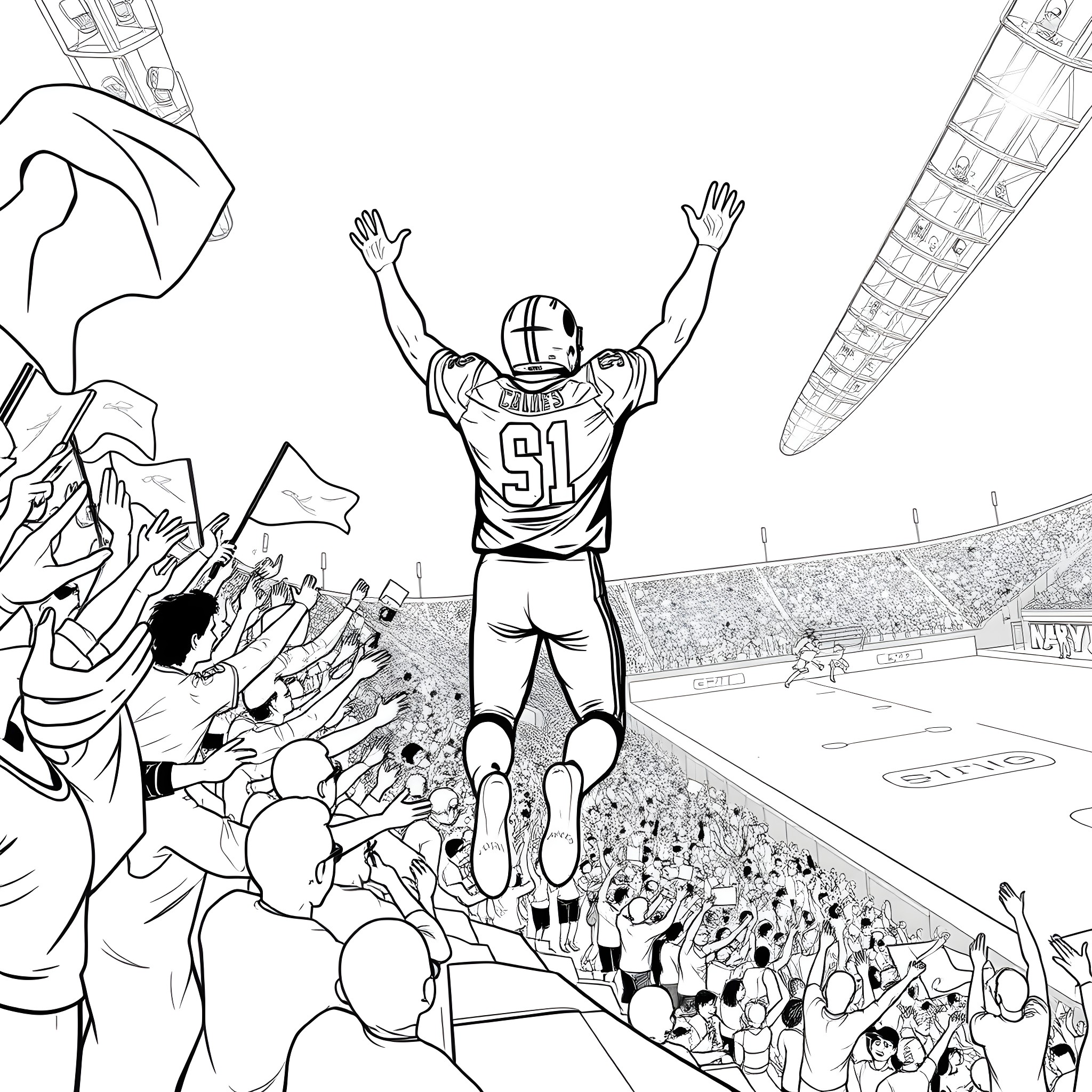 Football Player Celebrating Victory in Stadium Coloring Page (free black-and-white line drawing printable PDF for all, from beginners to advanced learners, including children, teens, adults, and seniors)