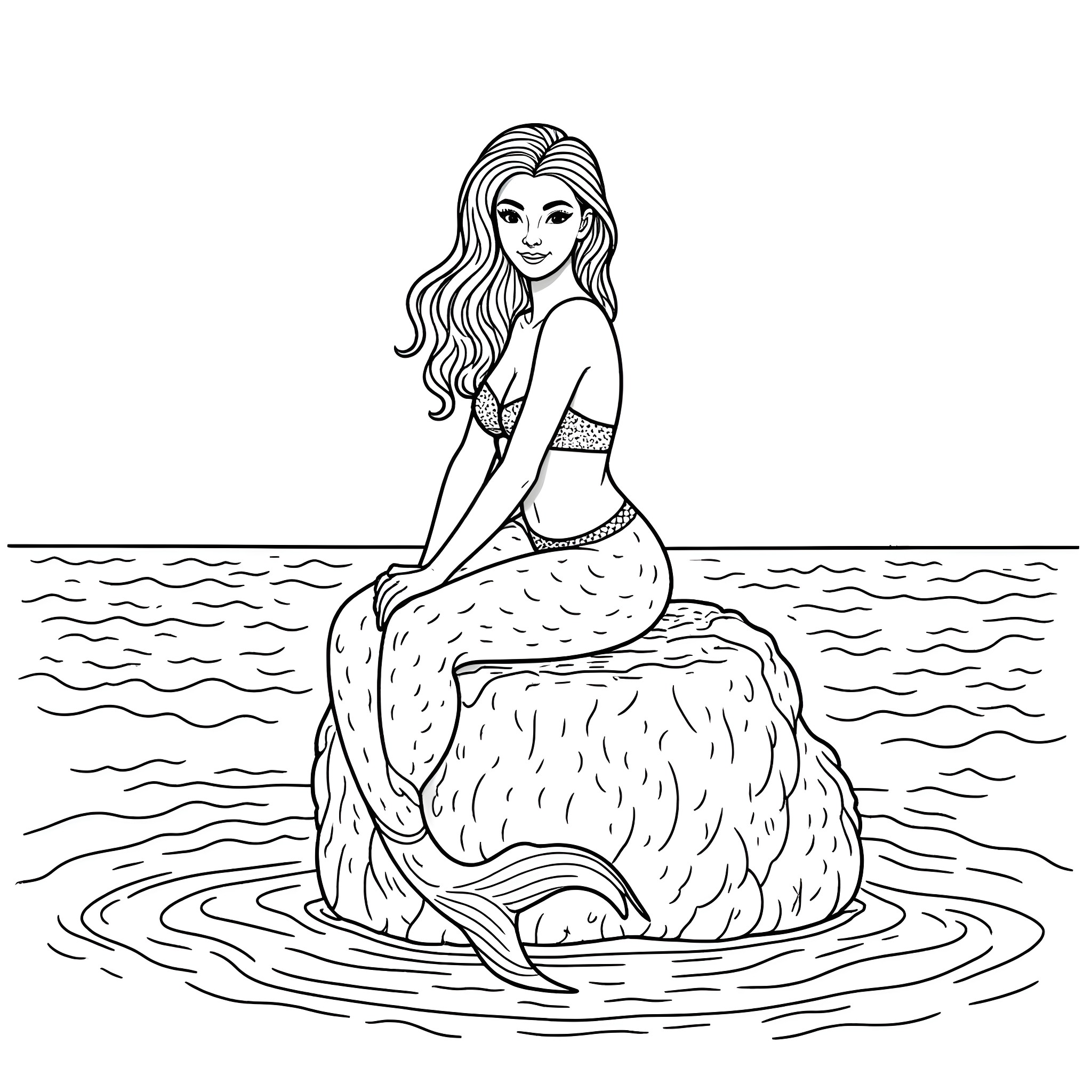 Mermaid posing gracefully in the ocean Coloring Page (free black-and-white line drawing printable PDF for all, from beginners to advanced learners, including children, teens, adults, and seniors)