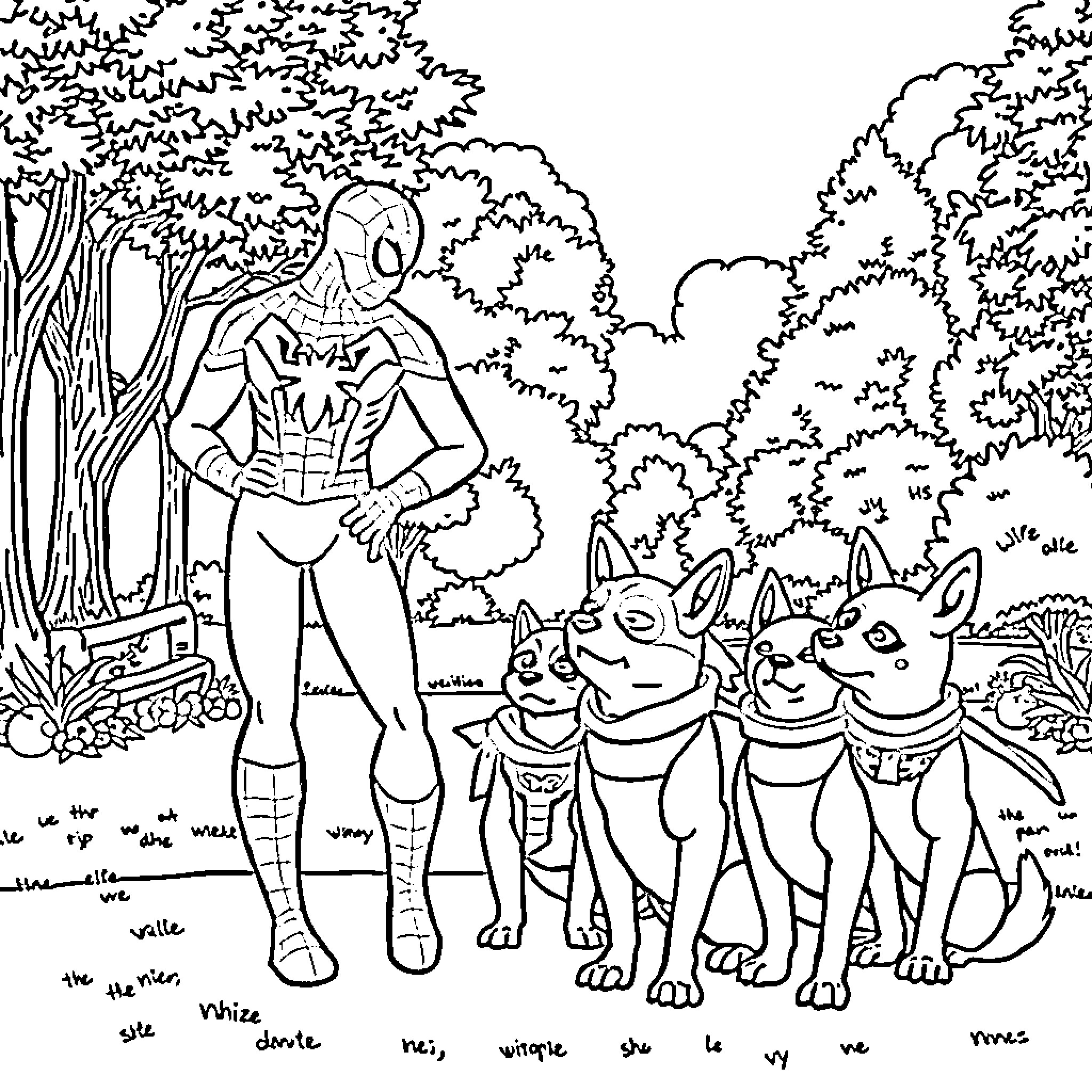 Spiderman meets animal friends in forest scene Coloring Page (free black-and-white line drawing printable PDF for all, from beginners to advanced learners, including children, teens, adults, and seniors)