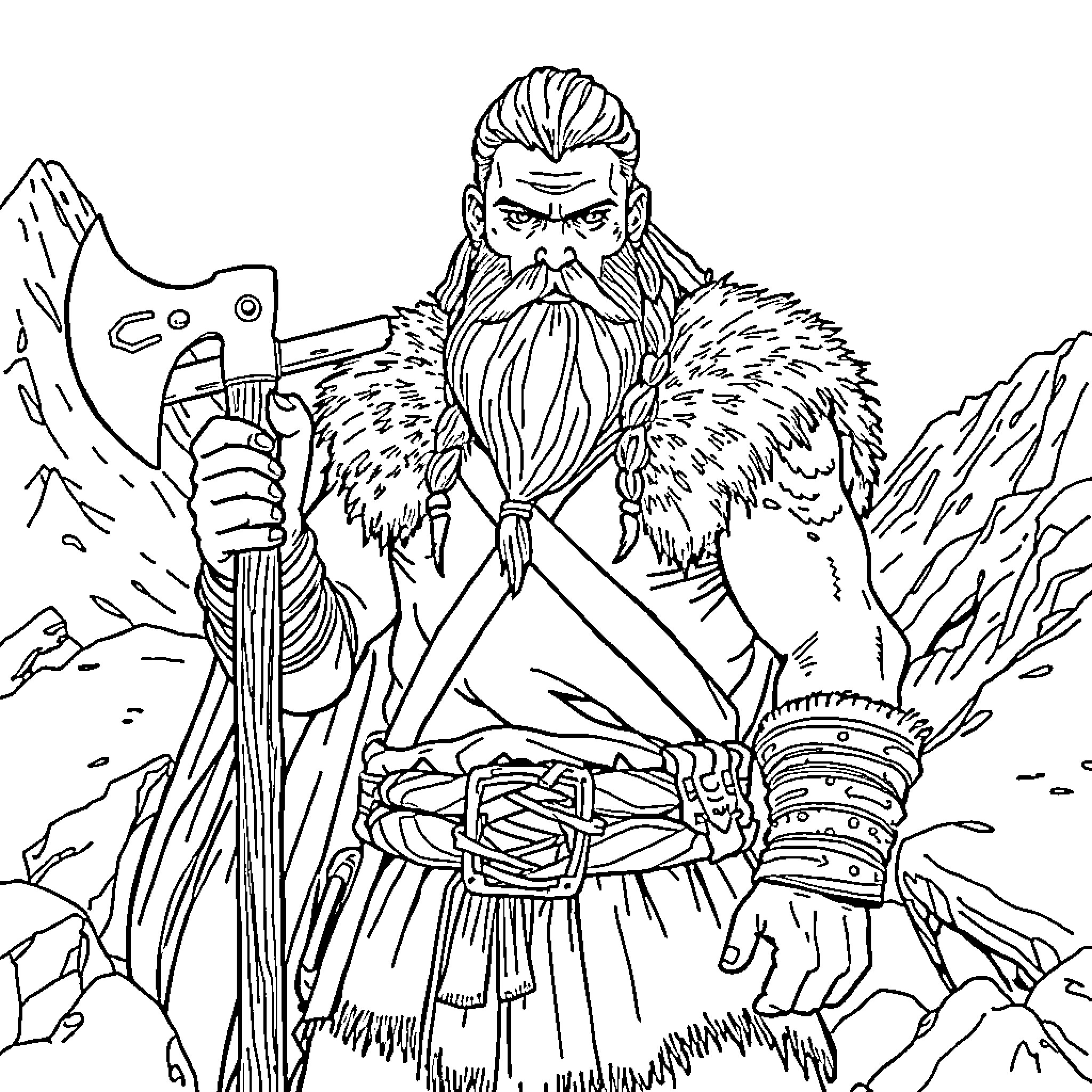 Ragnar Lothbrok wielding his mighty axe in fierce battle Coloring Page (free black-and-white line drawing printable PDF for all, from beginners to advanced learners, including children, teens, adults, and seniors)