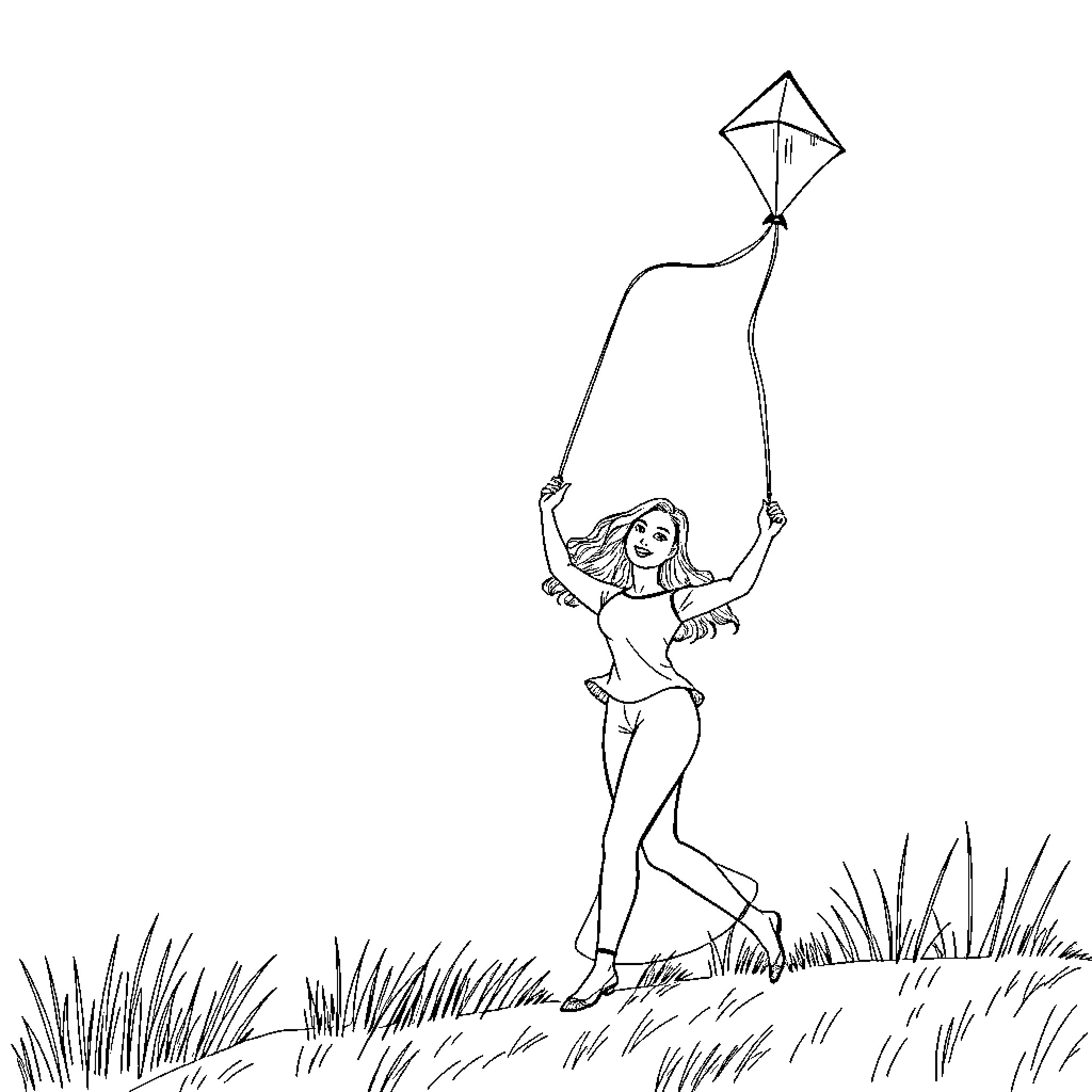 Woman playing with kite in the grass Coloring Page (free black-and-white line drawing printable PDF for all, from beginners to advanced learners, including children, teens, adults, and seniors)
