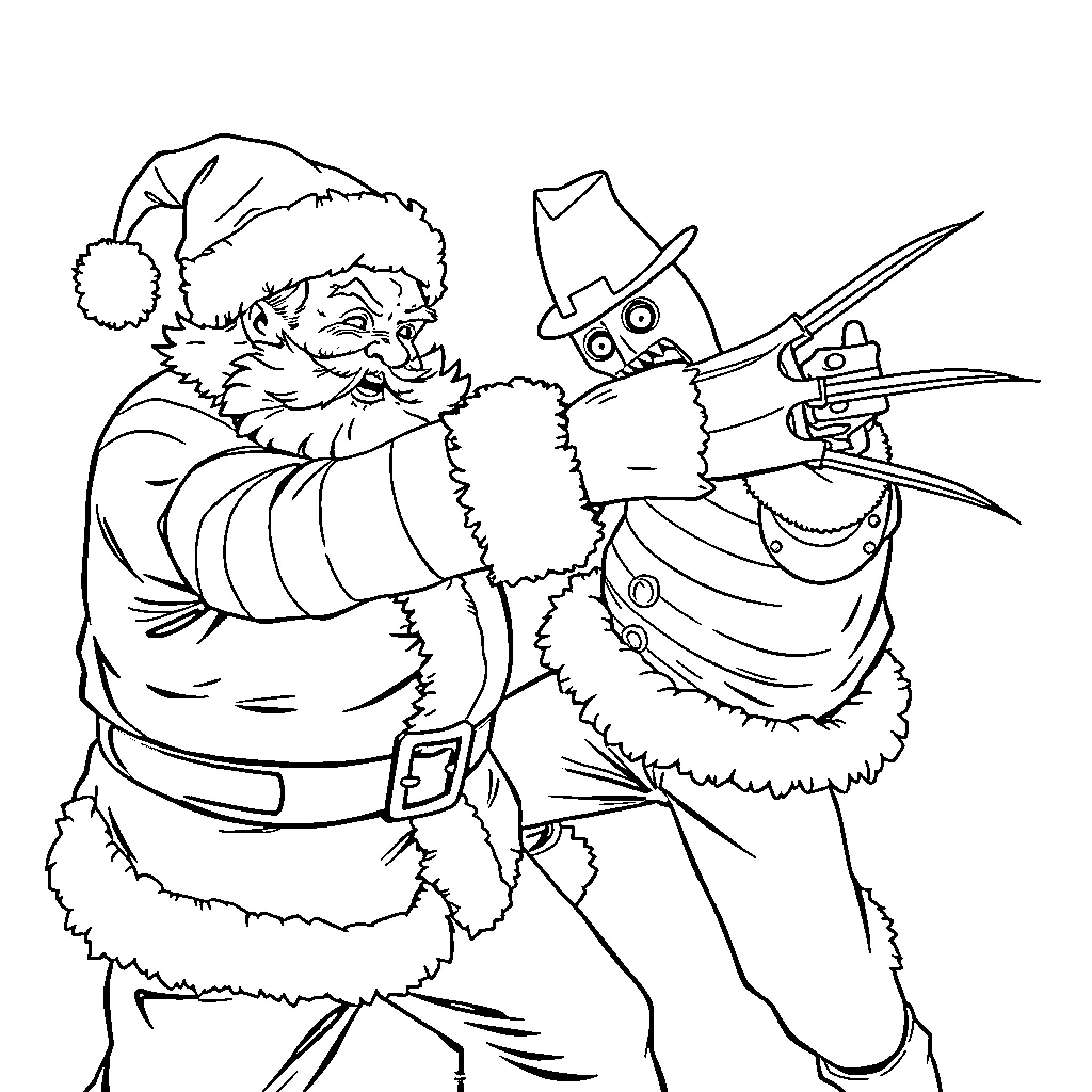 Santa fighting a robot in a snowy scene Coloring Page (free black-and-white line drawing printable PDF for all, from beginners to advanced learners, including children, teens, adults, and seniors)