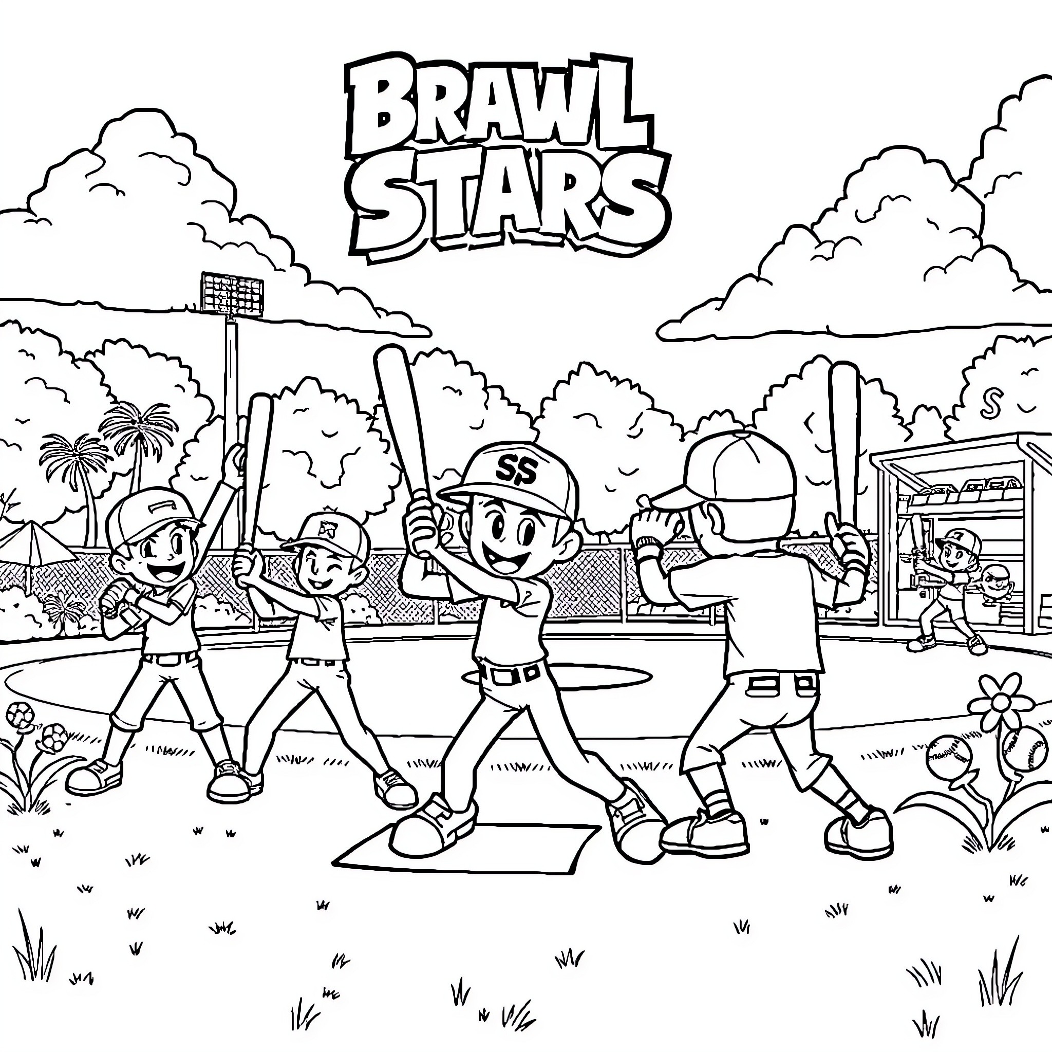 Brawl Stars: Characters in lively sports competition Coloring Page (free black-and-white line drawing printable PDF for all, from beginners to advanced learners, including children, teens, adults, and seniors)