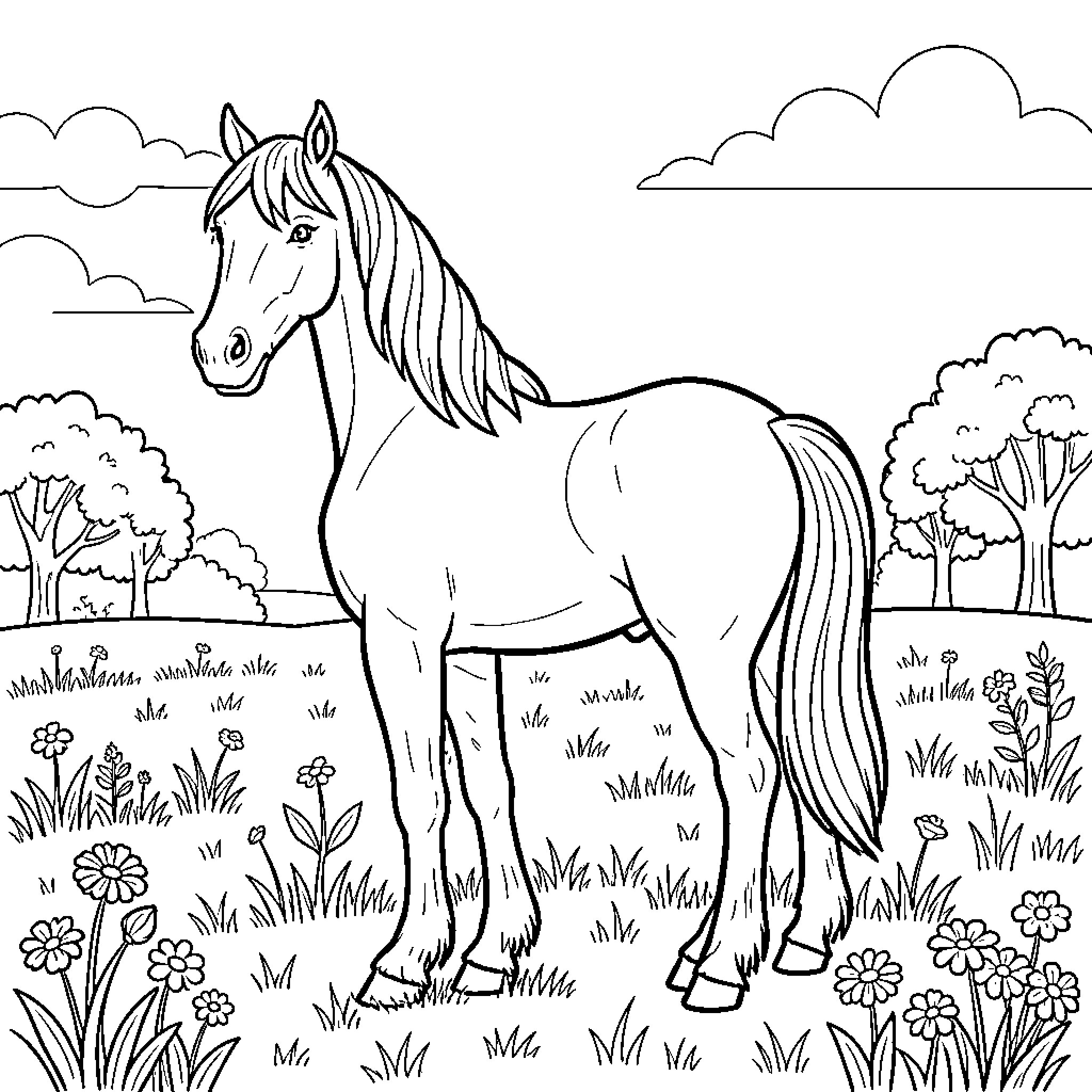 Friesian Horse standing calmly in a flowery meadow Coloring Page (free black-and-white line drawing printable PDF for all, from beginners to advanced learners, including children, teens, adults, and seniors)