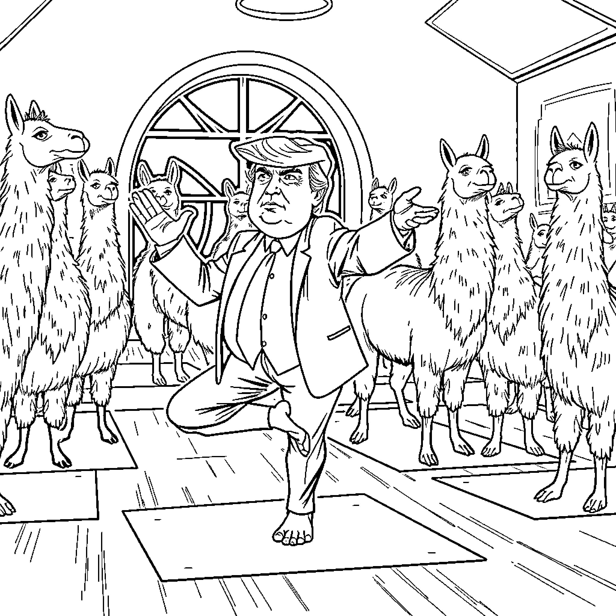 Donald Trump surrounded by llamas in a peculiar setting Coloring Page (free black-and-white line drawing printable PDF for all, from beginners to advanced learners, including children, teens, adults, and seniors)