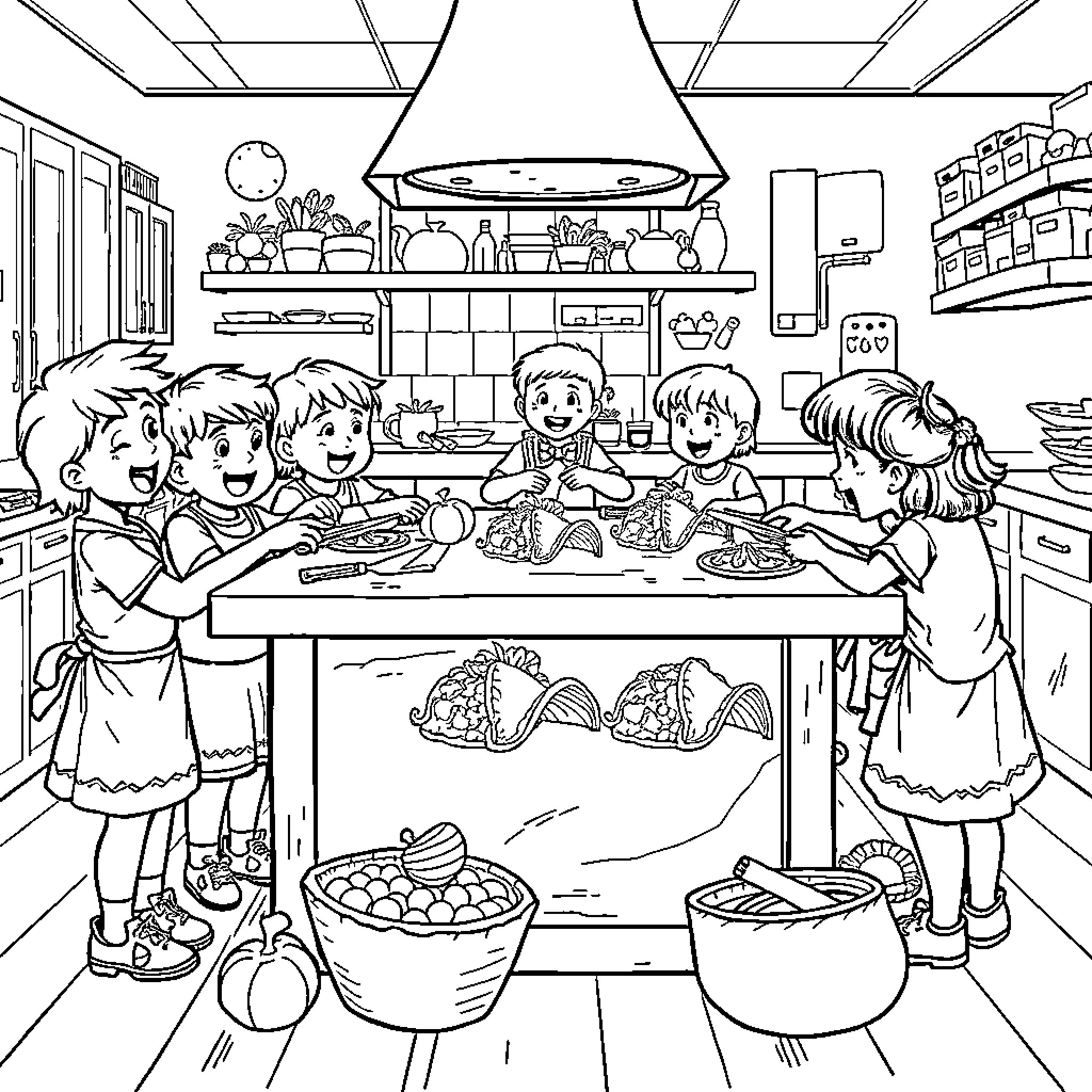 Child helping their family prepare a meal in the kitchen Coloring Page (free black-and-white line drawing printable PDF for all, from beginners to advanced learners, including children, teens, adults, and seniors)