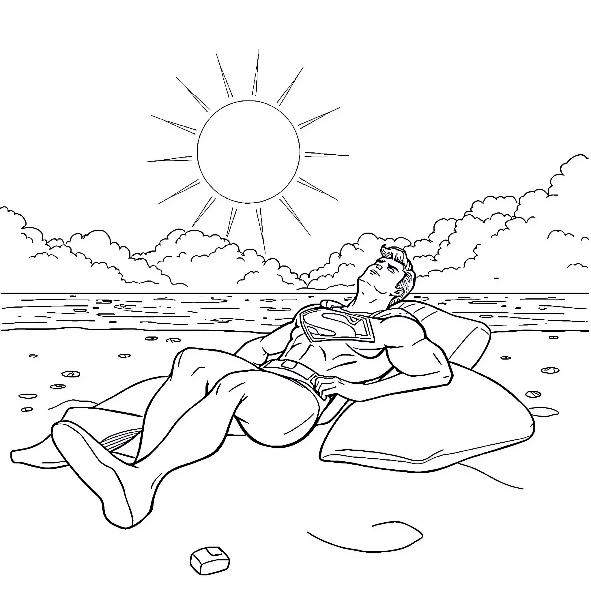 Superman relaxing on the beach under the sun Coloring Page (free black-and-white line drawing printable PDF for all, from beginners to advanced learners, including children, teens, adults, and seniors)