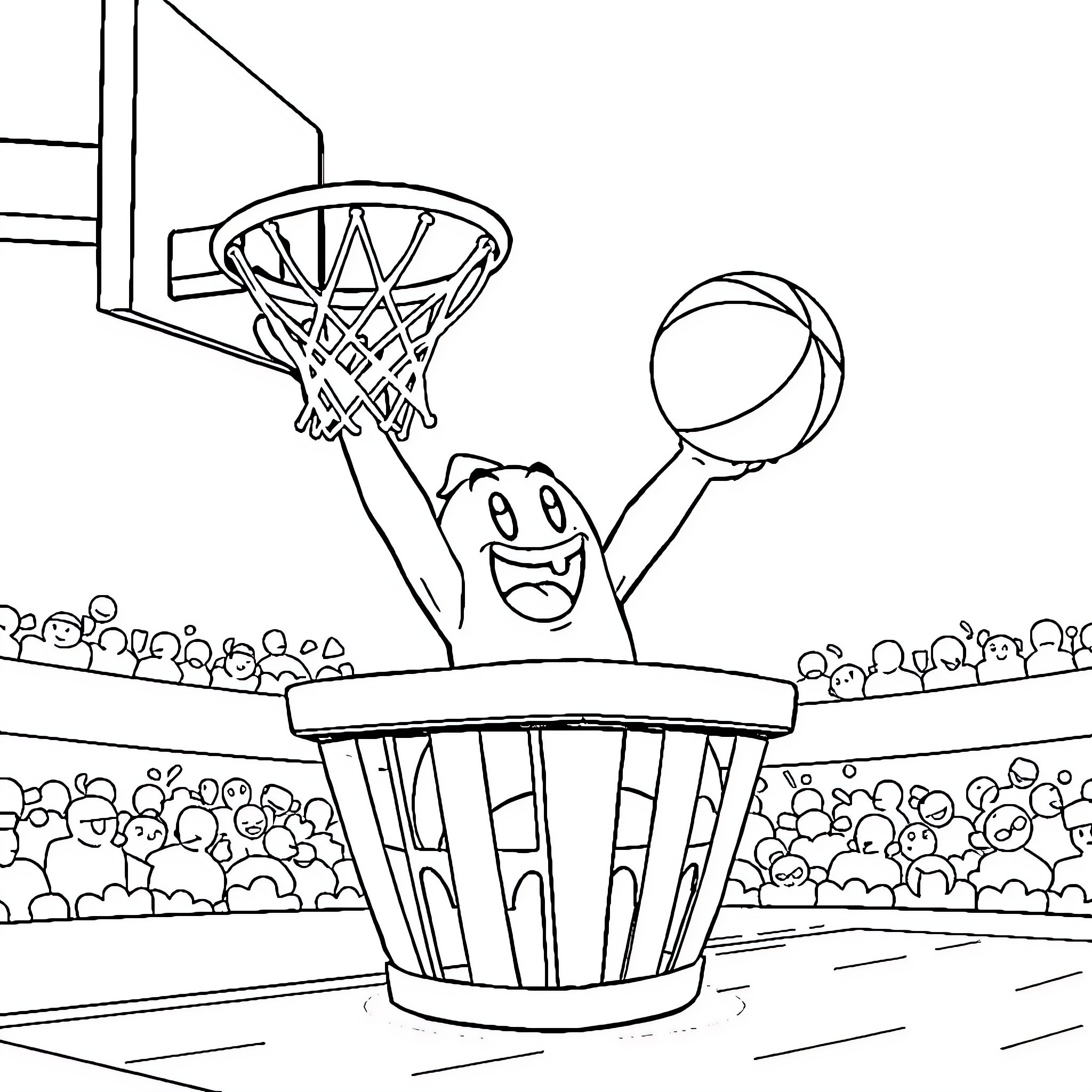 Spike's Triumphant Basketball Victory Coloring Page (free black-and-white line drawing printable PDF for all, from beginners to advanced learners, including children, teens, adults, and seniors)