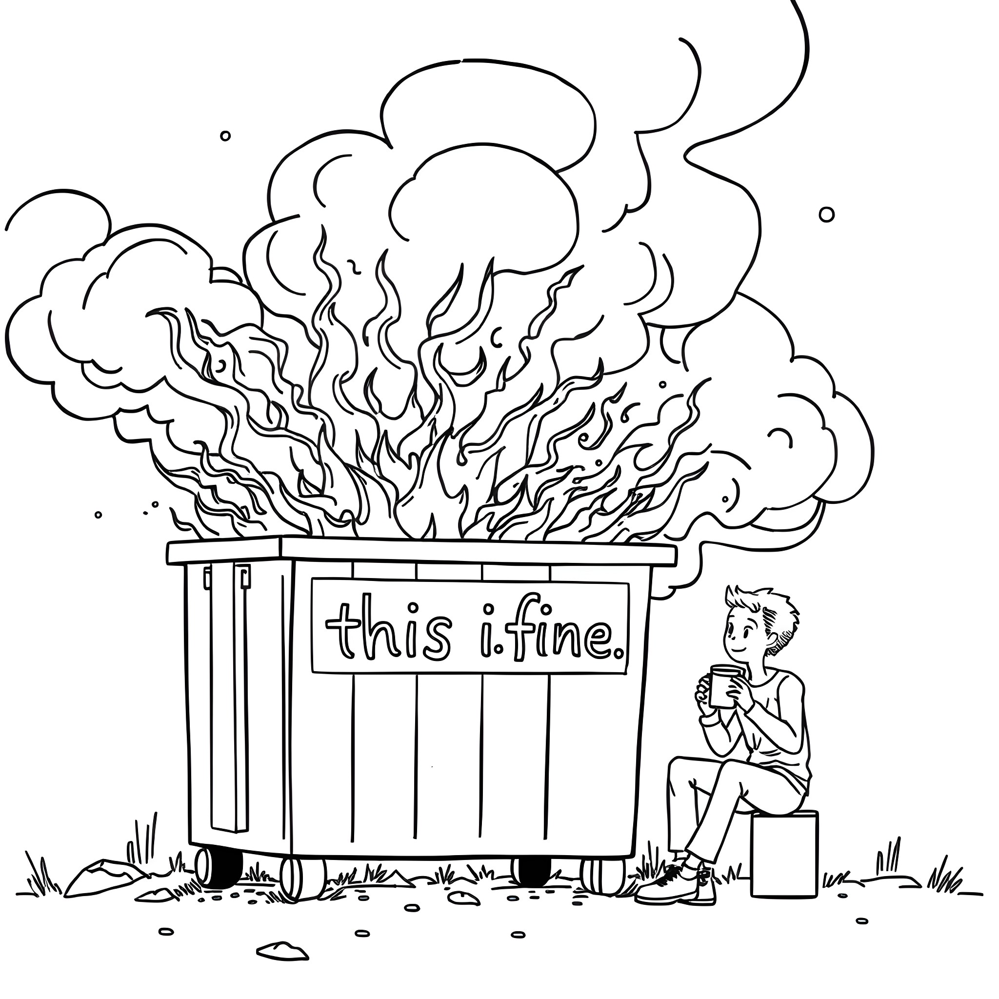 Dumpster fire with person observing Coloring Page (free black-and-white line drawing printable PDF for all, from beginners to advanced learners, including children, teens, adults, and seniors)